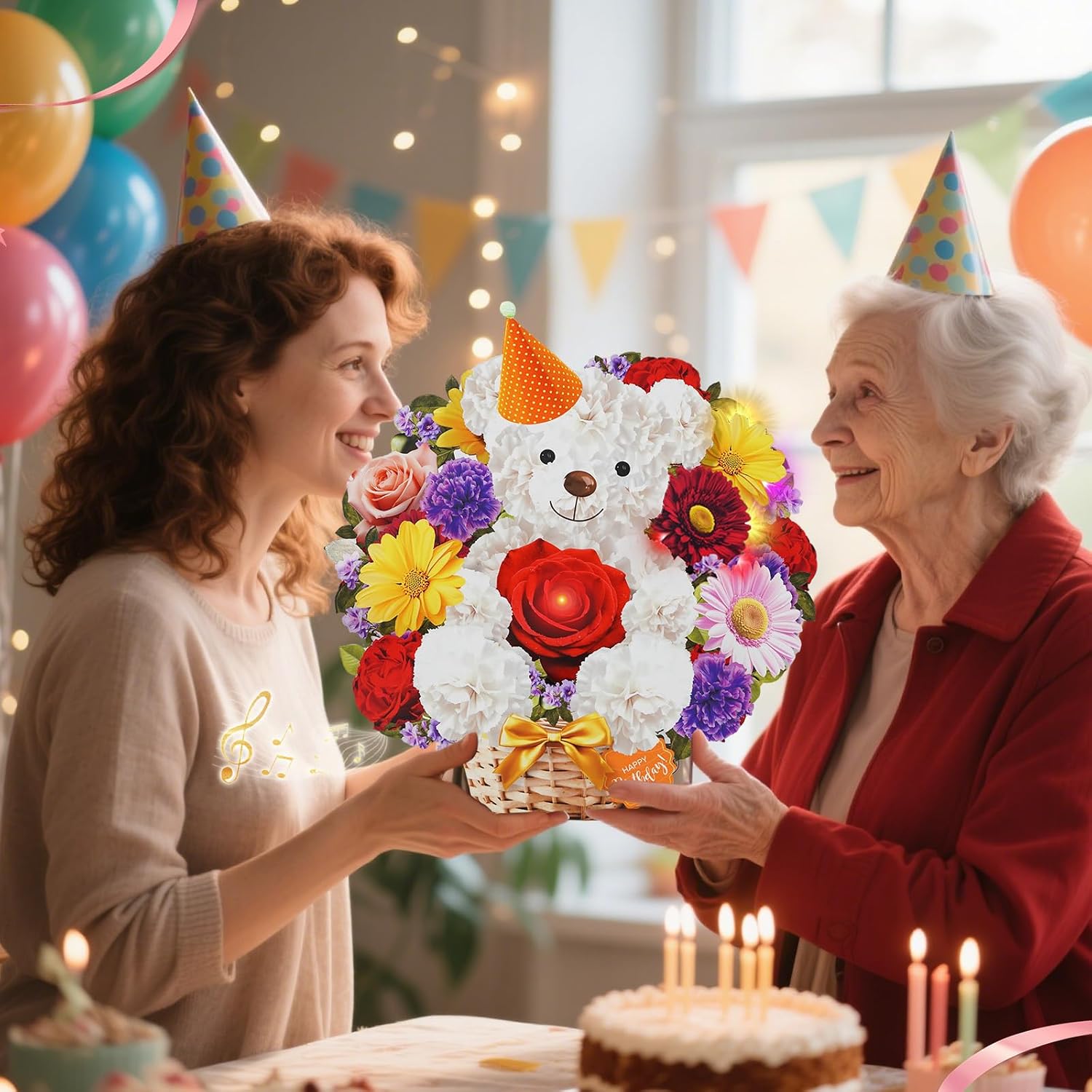 Detalle de WUJUN Bear & Daisy Pop-Up Birthday Card with Music & Lights (10 inch flower bouquet)