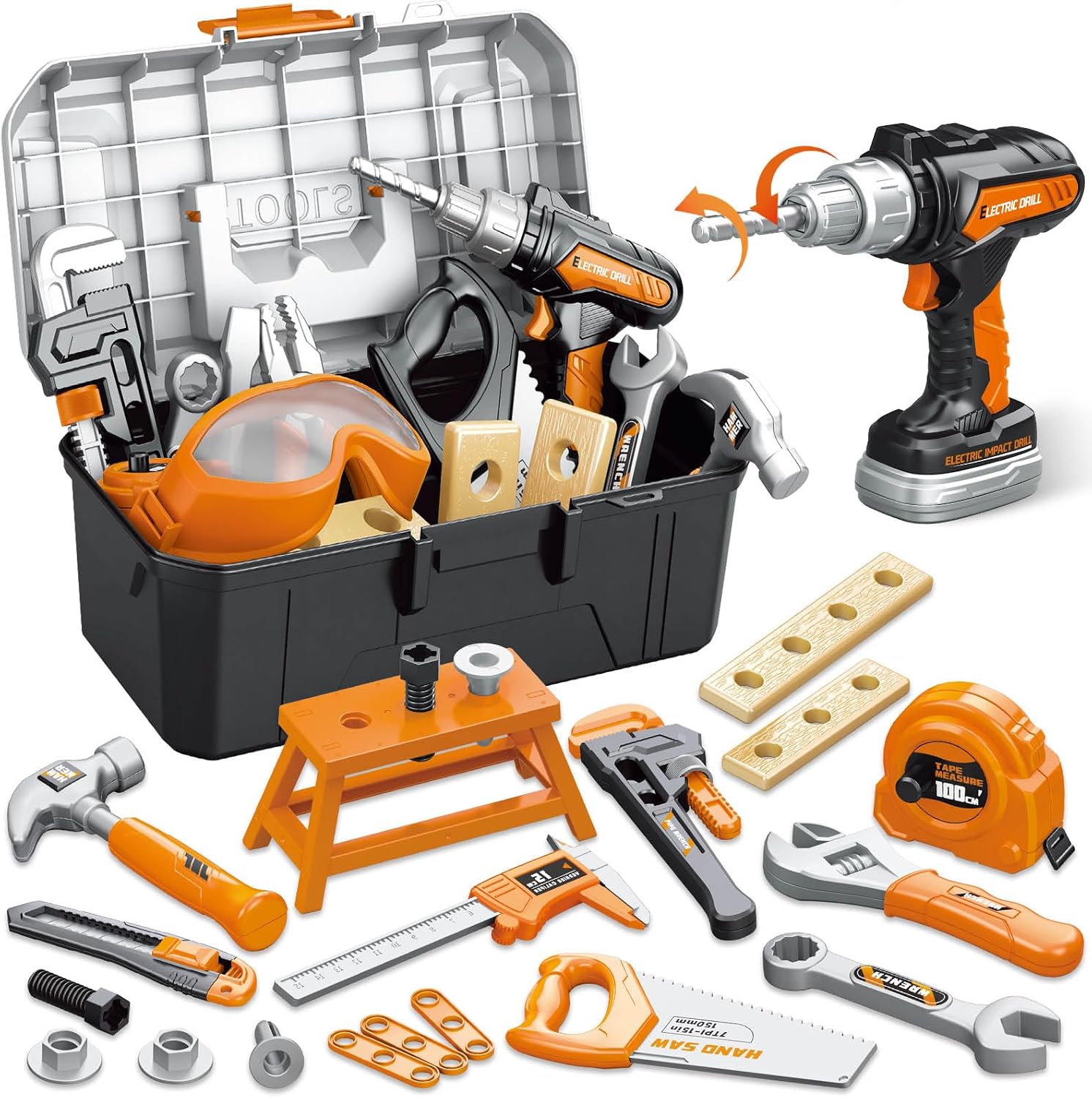 Detalle de OCHIDO 46PCS Kids Tool Set with Portable Toolbox & Electric Drill: Realistic, Safe, and Educational for Ages 3–6