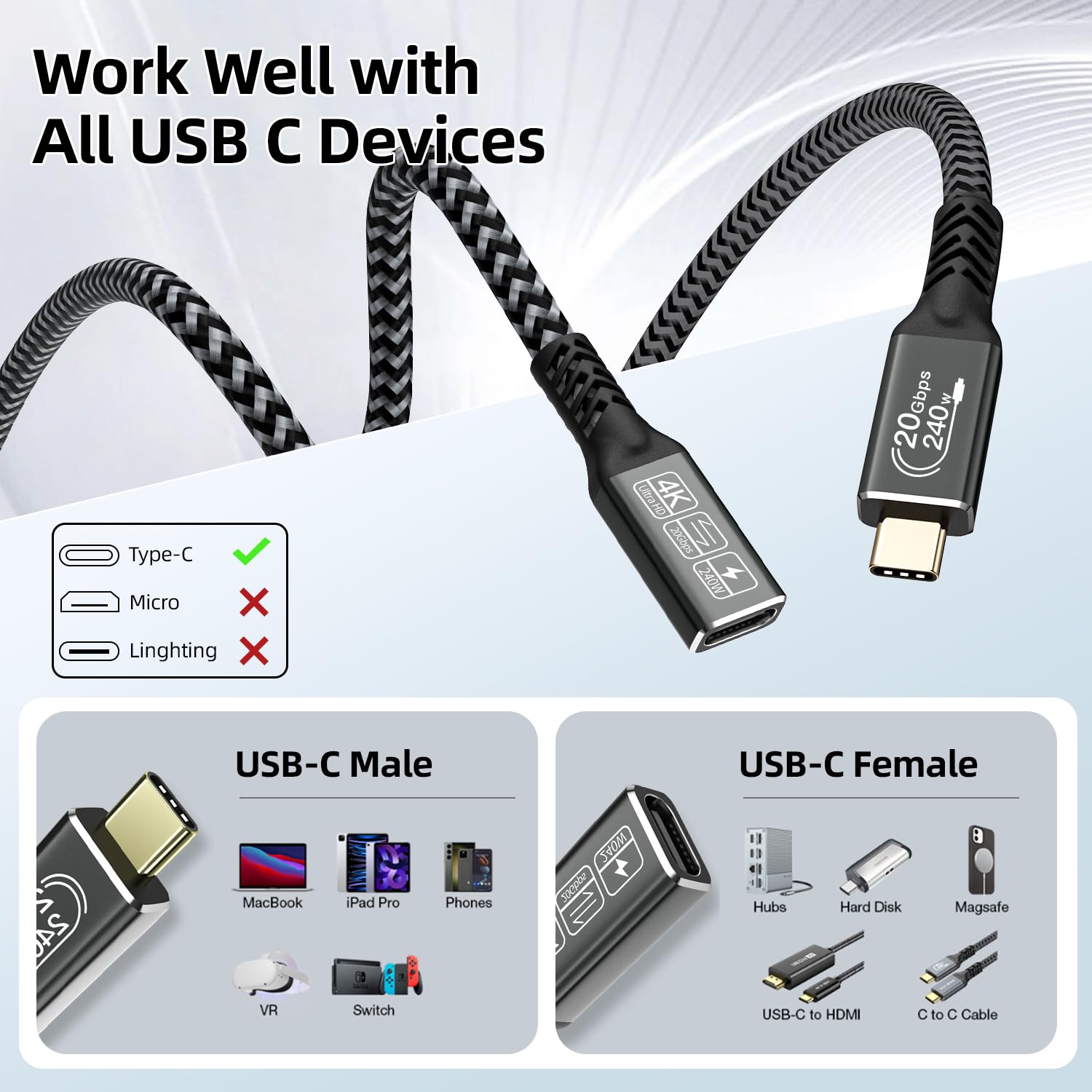Thumbnail 6 de CAKOBLE USB C Extension Cable 0.25m: USB-C 3.2 Gen 2x2, PD 240W, 4K@60Hz