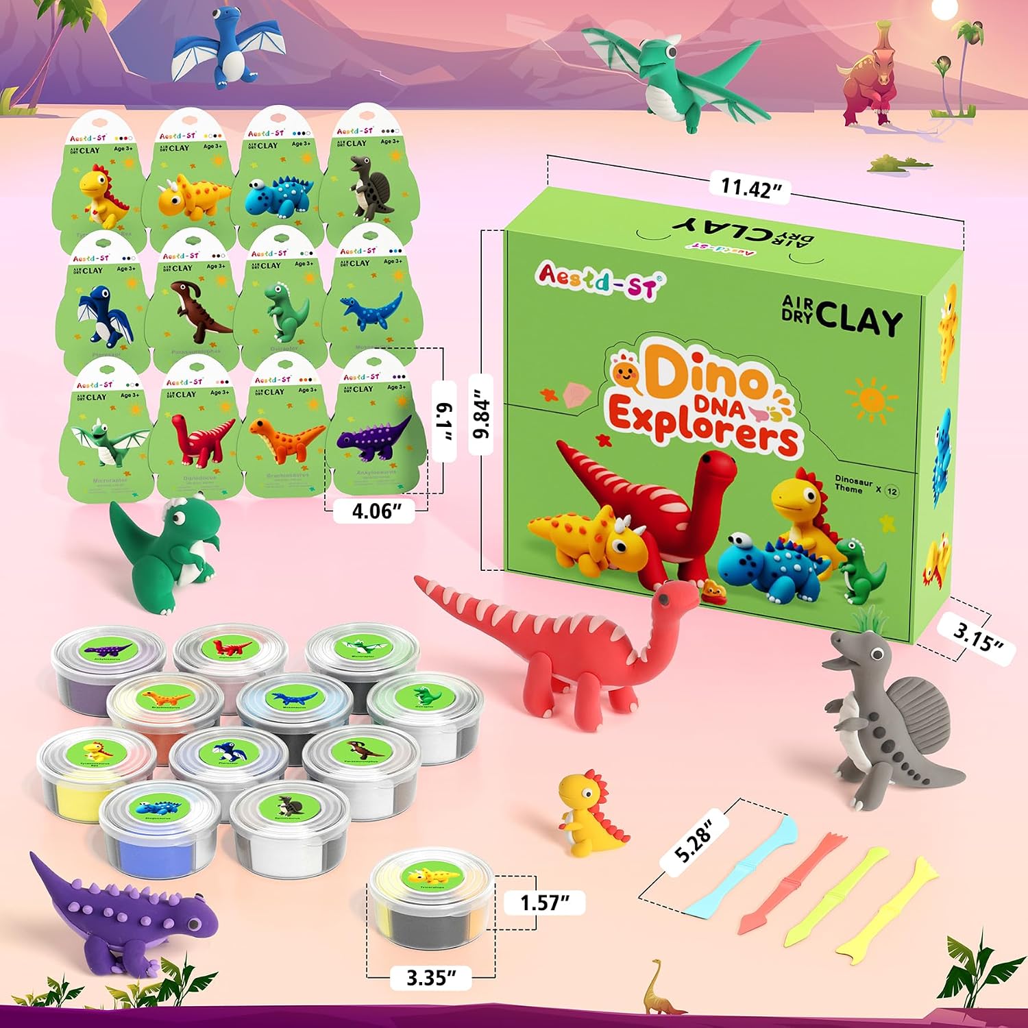 Detalle 2 de Aestd-ST LKL101 Air-Dry Clay Kit, Dinosaur Theme, 12 Boxes and 4 Tools