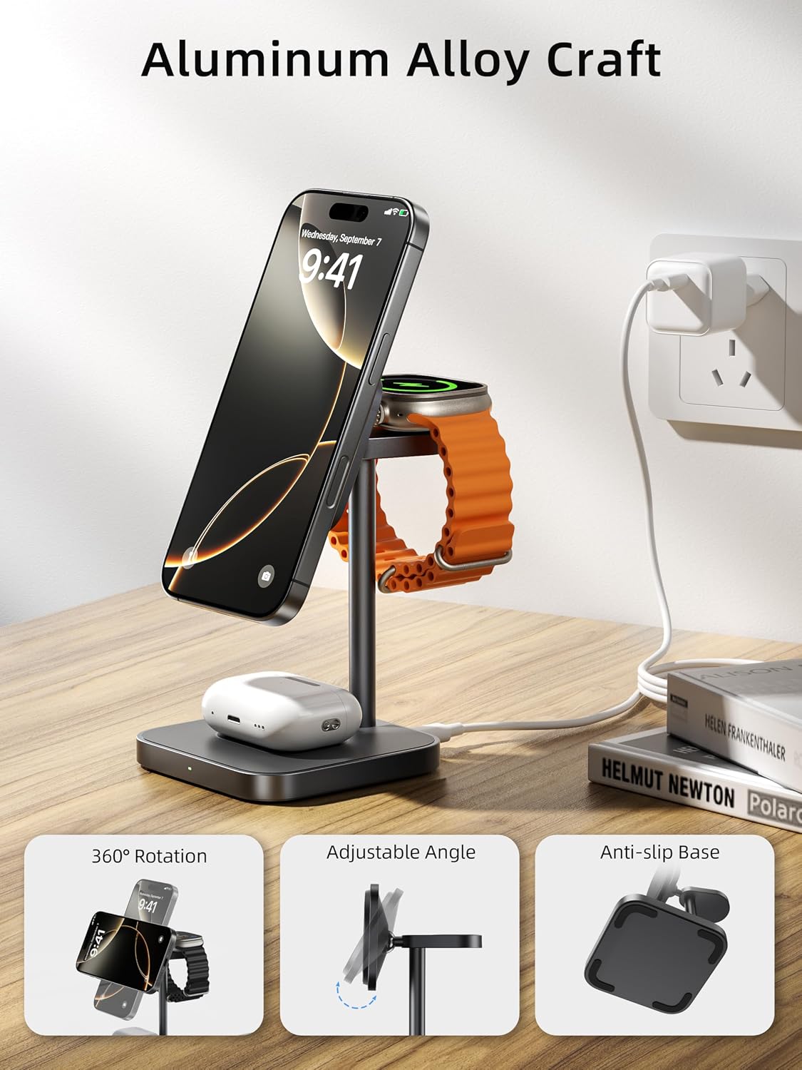 Detalle de LULULOOK Qi2 3-in-1 MagSafe Ladestation aus Aluminium – Schnellladen für iPhone, AirPods und Apple Watch