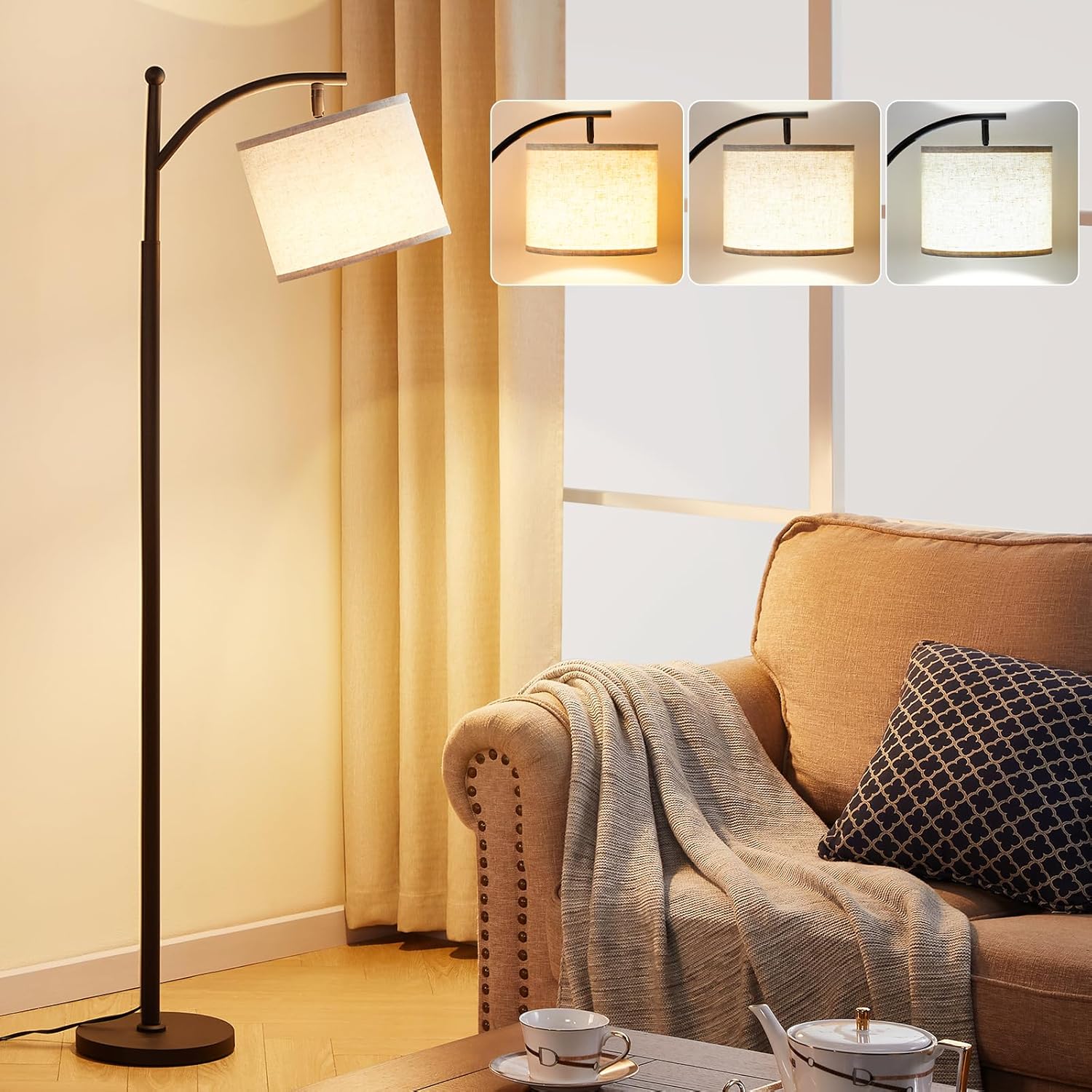 PreeOtti Stehlampe Wohnzimmer mit 3 Farbtemperaturen (LED, verstellbarer Leinenschirm)