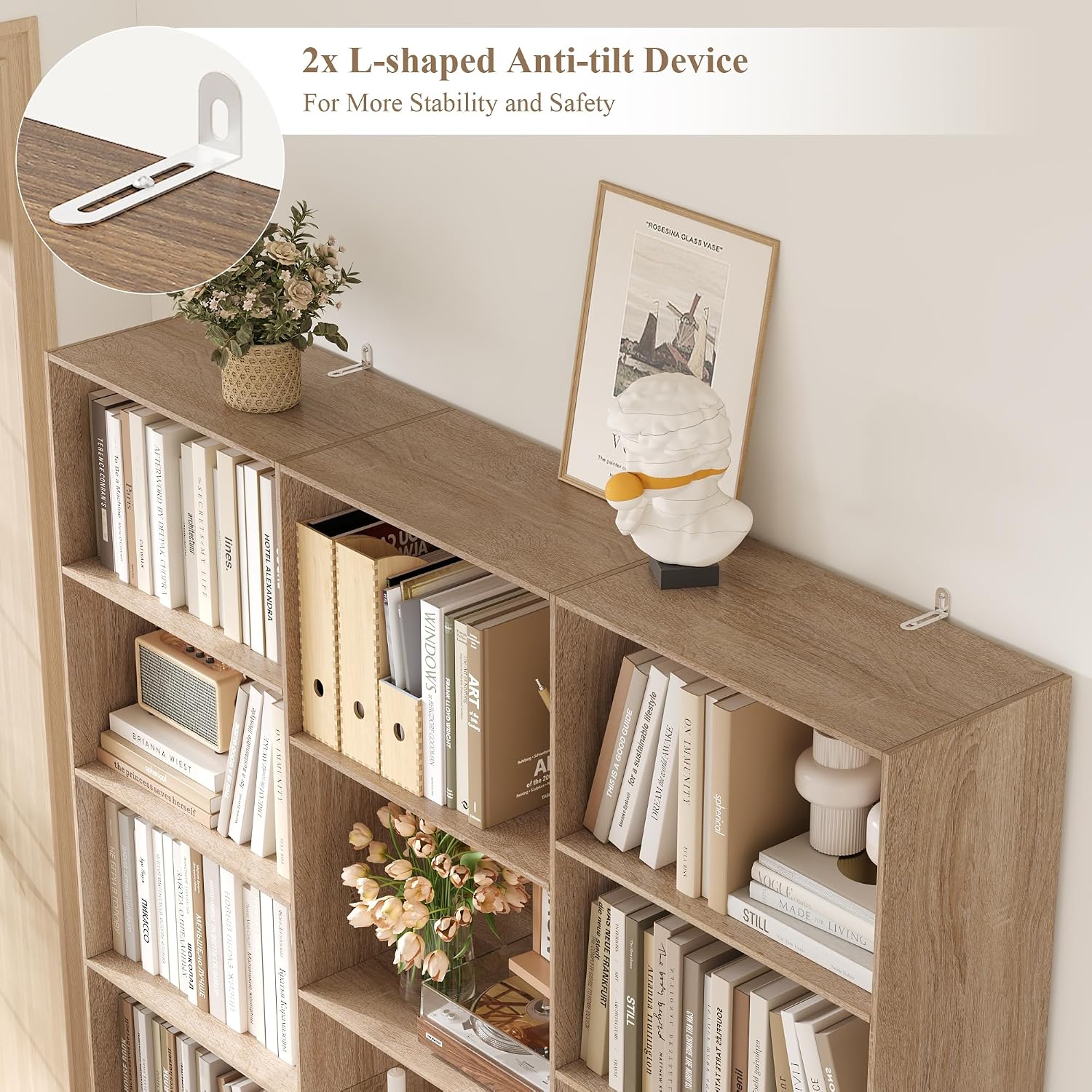 Detalle de FirFurd e Oak-Colour Bookcase, 17 Compartments, 188cm Freestanding