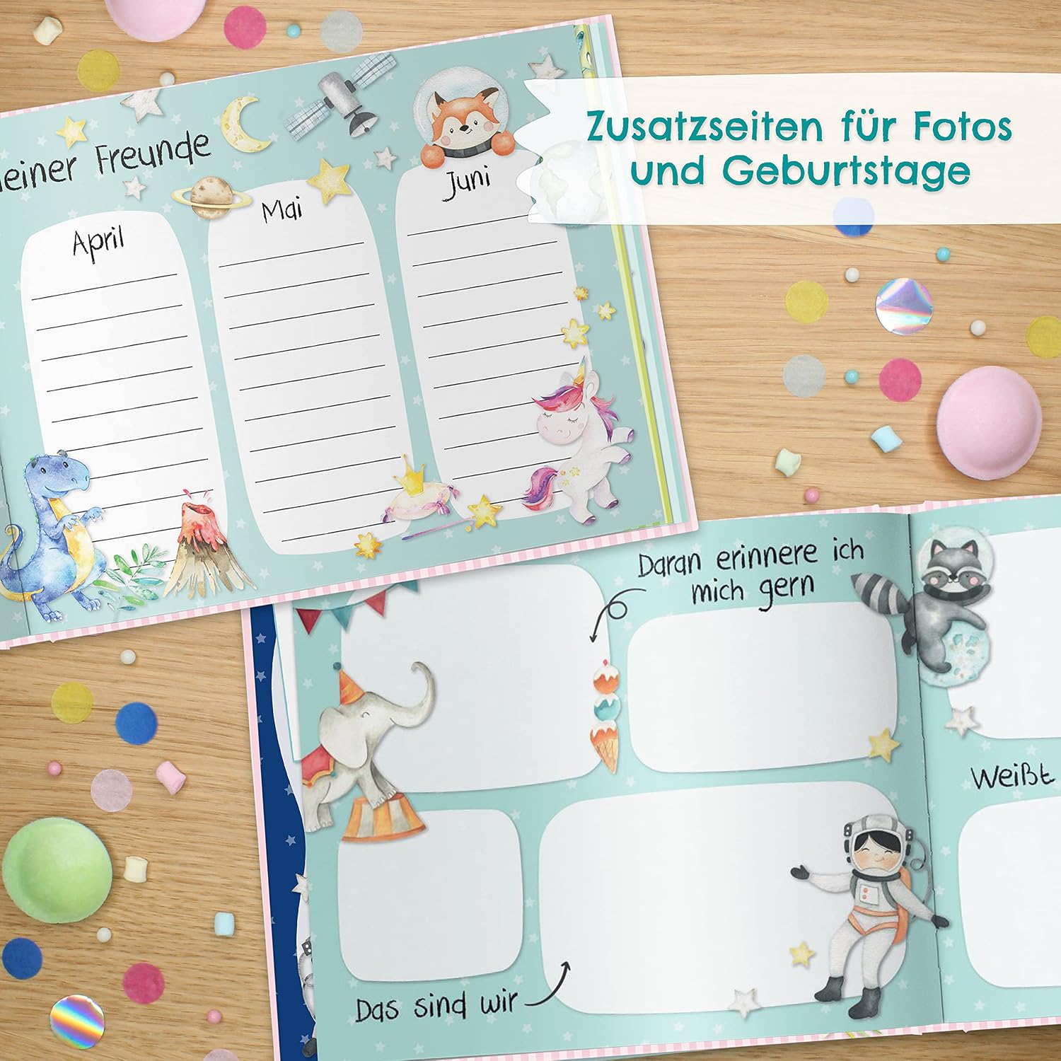 Detalle de Papierdrachen Papierdrachen Freundebuch für Kinder (Grün) mit Dinos, Rittern & Astronauten – für 27 Freunde