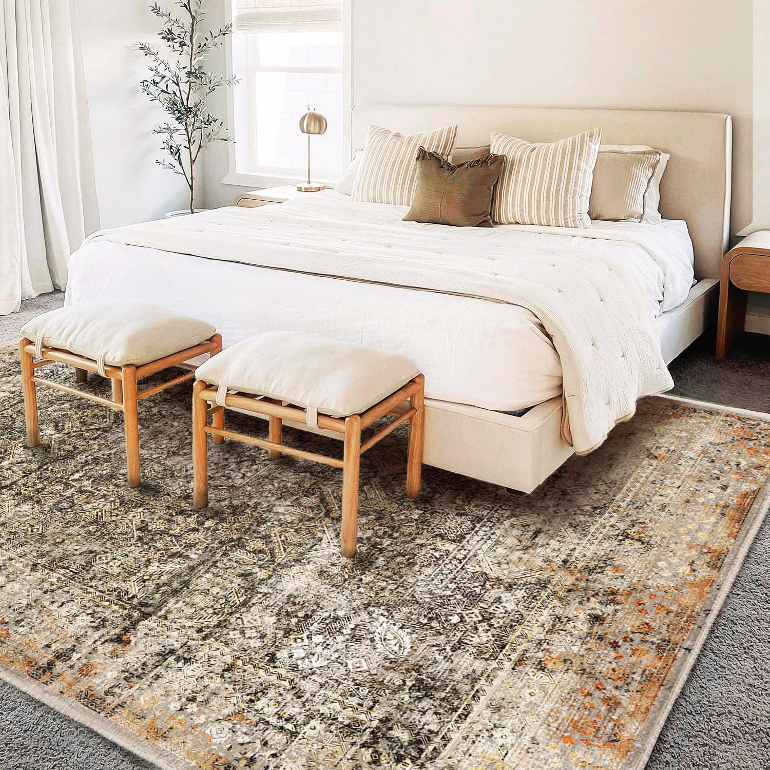 Detalle de CHAMPLANT 9'x12' Washable Vintage Area Rug with Floral Distressed Style (Non-Slip, Thin, Foldable)