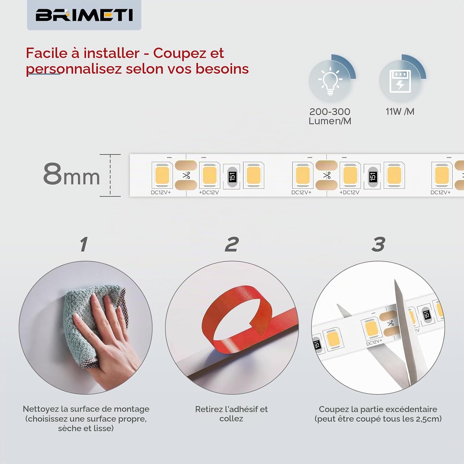 Detalle de BRIMETI 5M ledstrip 5 m, warmwit 3000 K, flexibel en zelfklevend