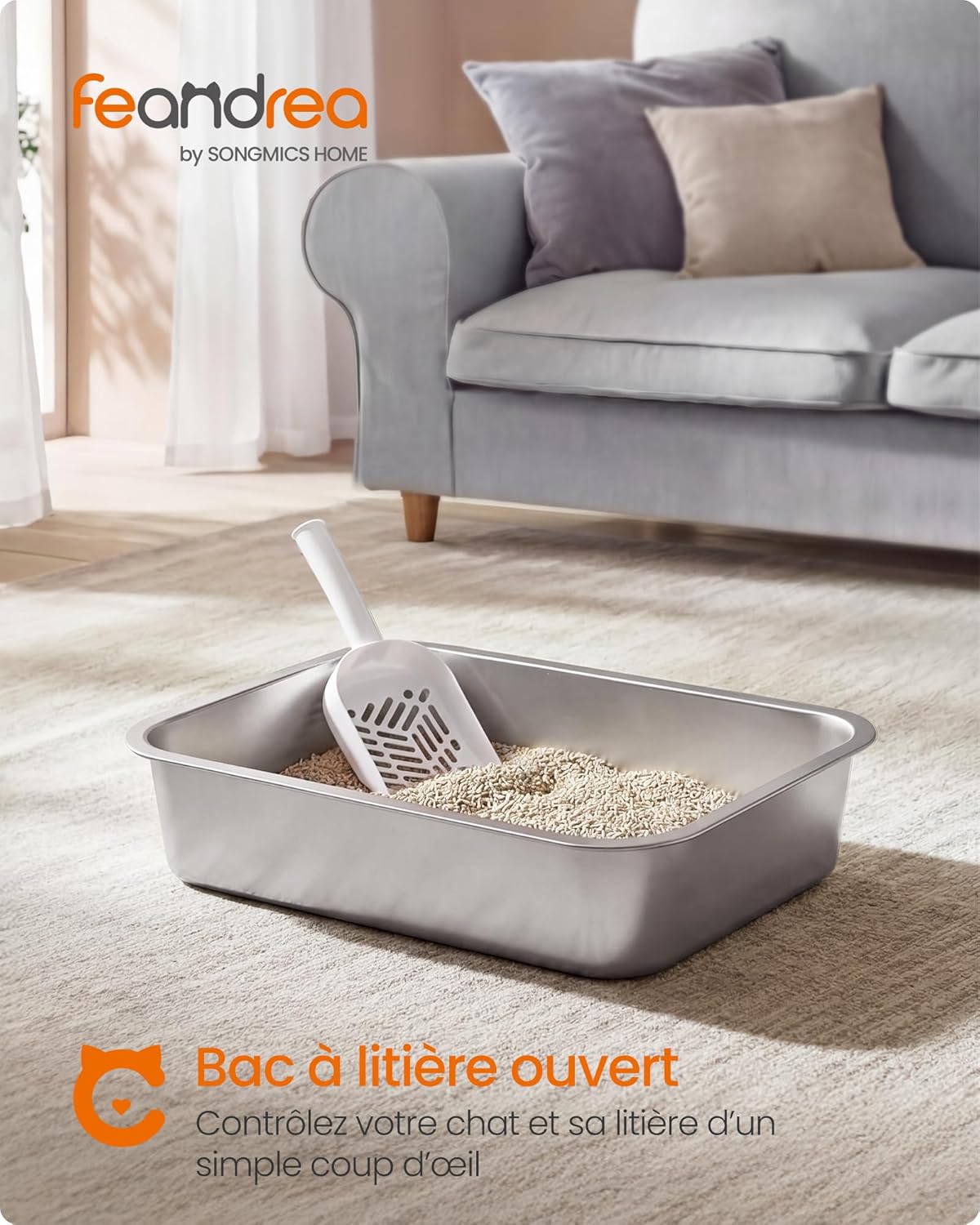 Detalle 2 de Feandrea Bac à Litière en Acier Inoxydable pour Chat – 40 x 30 x 10 cm, ouvert avec pelle