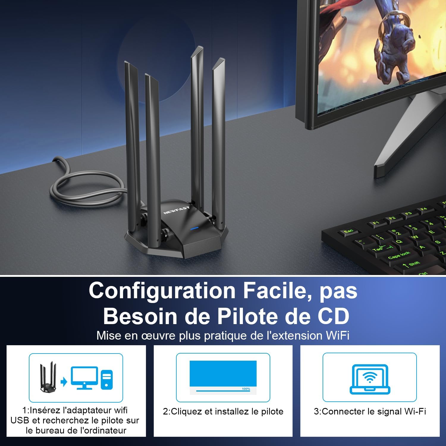 Thumbnail 6 de NEWFAST U329 Clé WiFi AC1300 Mbps pour PC – 4 antennes 6 dBi, MU-MIMO, USB 3.0