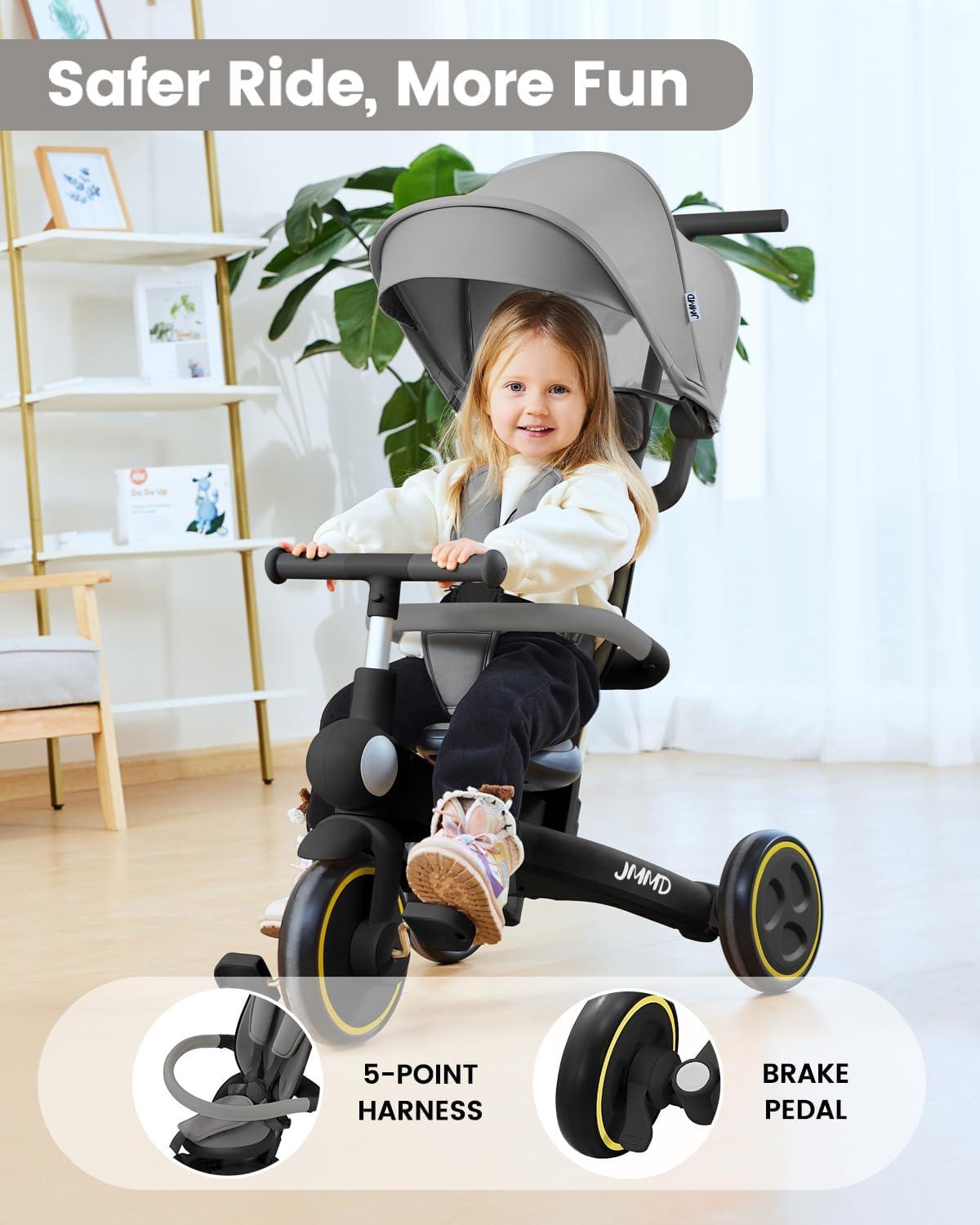 Detalle de JMMD Baby Tricycle 7-in-1 Multifunctional Kids Trike with Adjustable Parent Handle