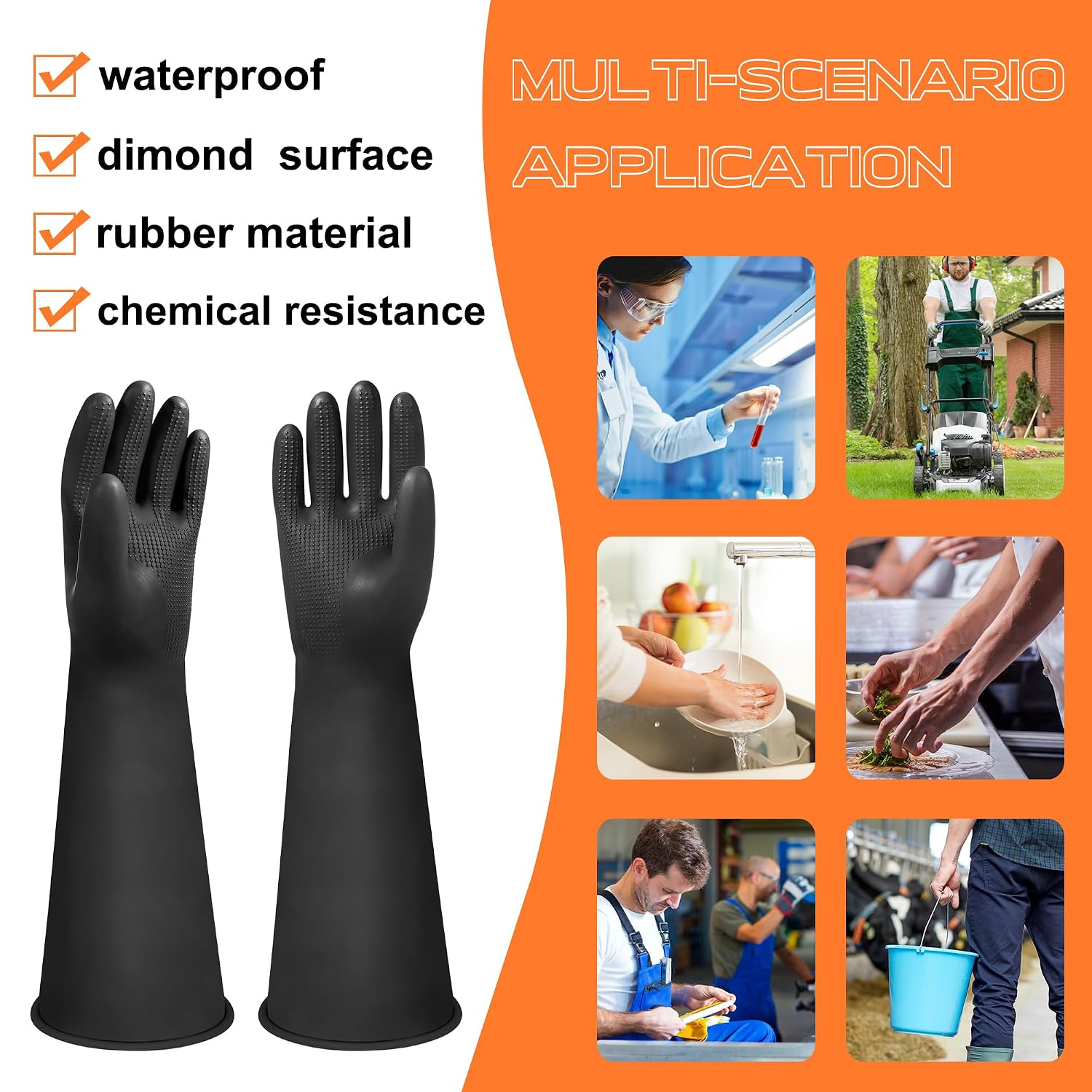 Thumbnail 6 de Heavy Duty Rubber Gloves 18" Long - 1 Pair, Chemical Resistant and Non-Slip for Drain Cleaning