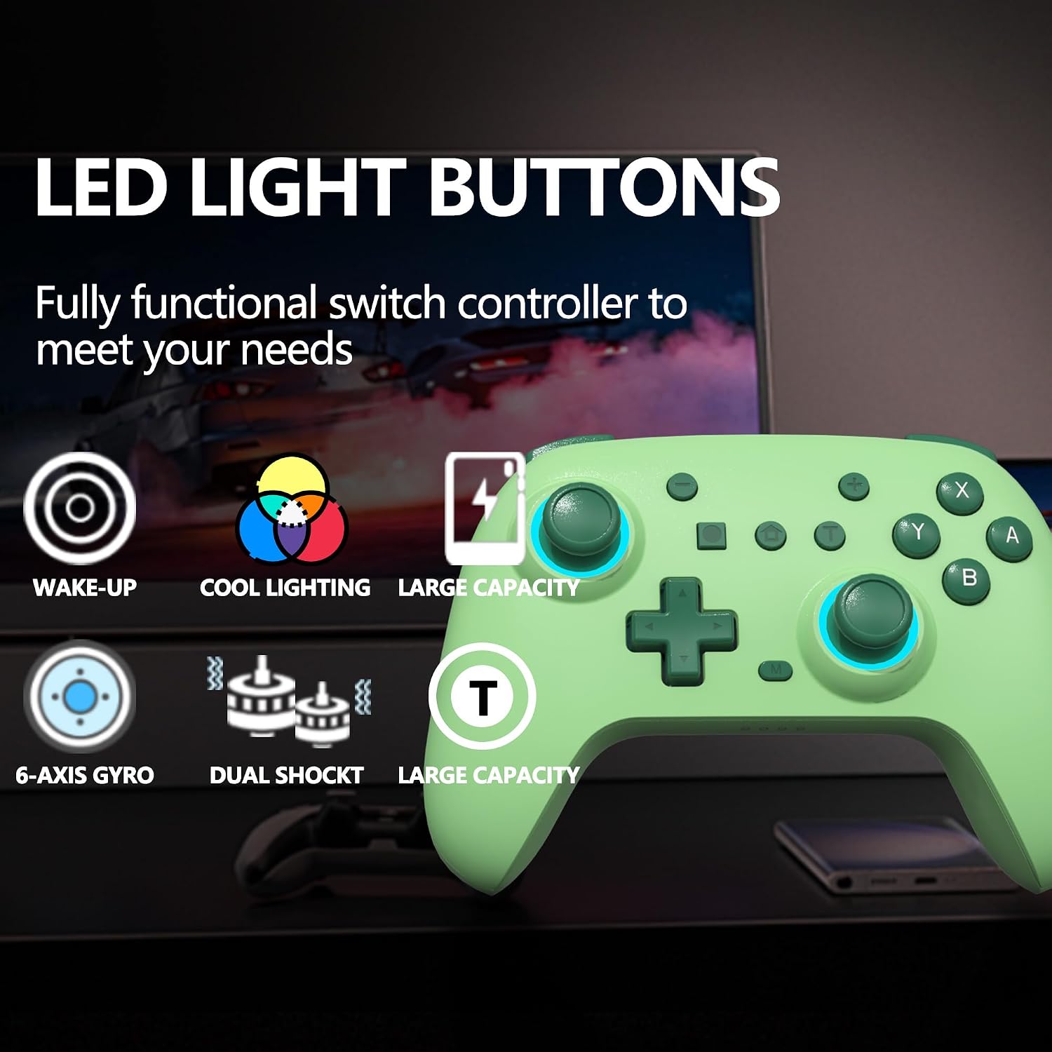Detalle de SZYUYU Switch Controller for Switch 2 / Pro Controller with 7-Color LED, Turbo, Gyro, and Hall Effect Sticks
