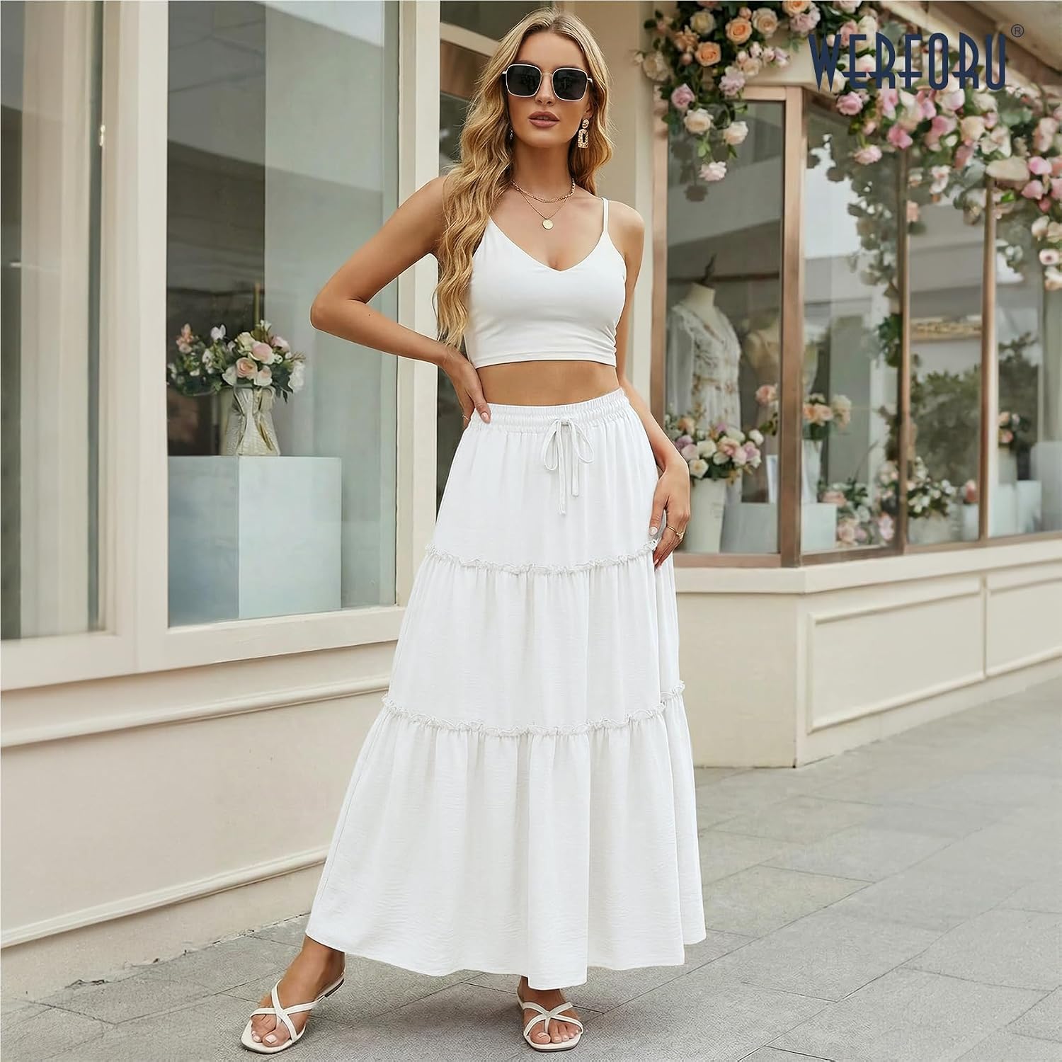 Detalle de WERFORU Women's Elastic High Waist Maxi Skirt with Pockets