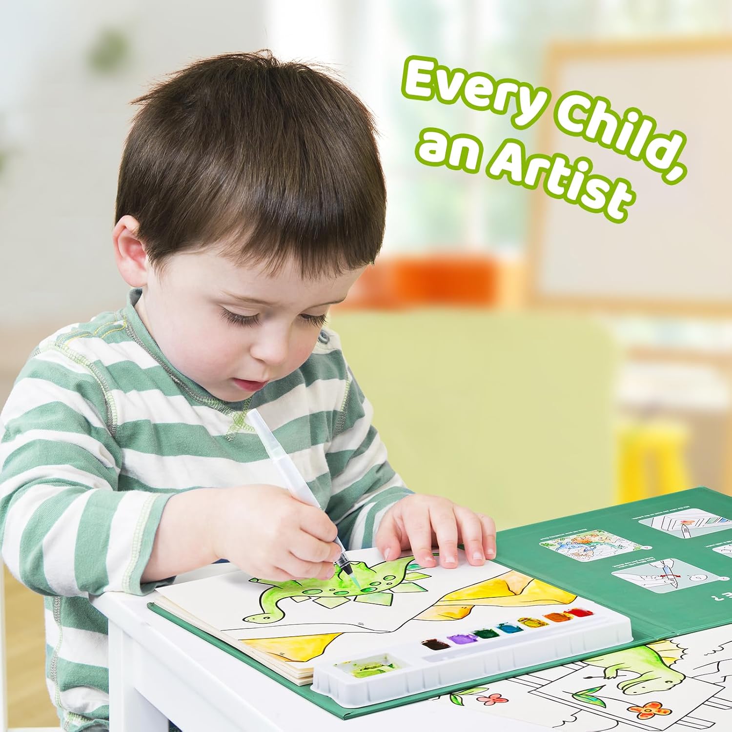 Detalle de JoyCat Malbuch mit Wasserfarben für Kleinkinder (Grün) – 3-in-1-Aquarellset für Kreativität und Fingerfertigkeit