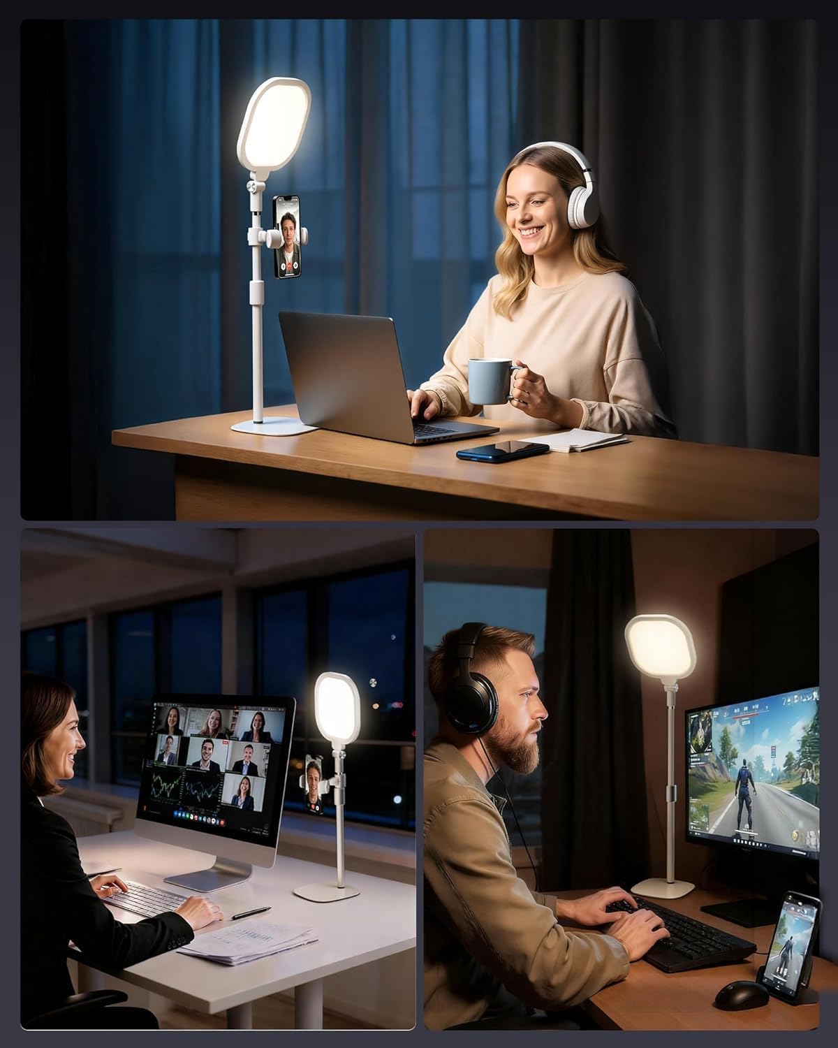 Detalle de LitONES Desk Ring Light with Stand and Phone Holder – 30 Lighting Modes, 3000K–6500K