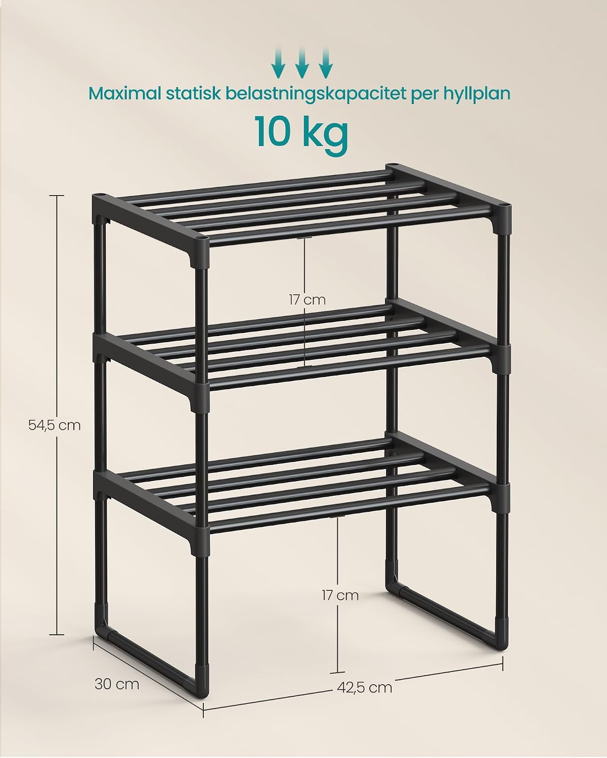 Detalle de SONGMICS LSA003B01 skoställ i metall, 3 nivåer, svart