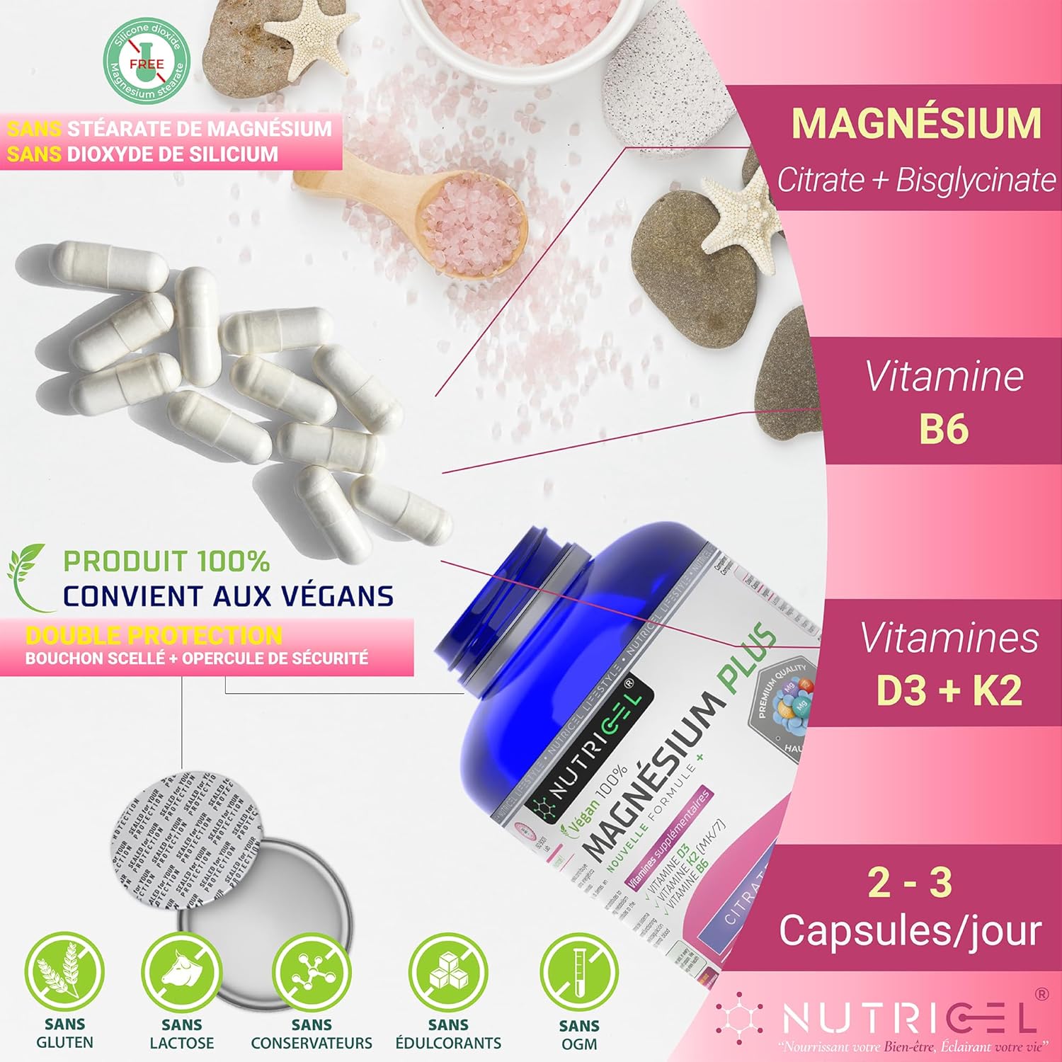 Thumbnail 3 de Magnésium bisglycinate + citrate 2177 mg avec vitamines B6, D3 et K2 – 180 gélules végétaliennes