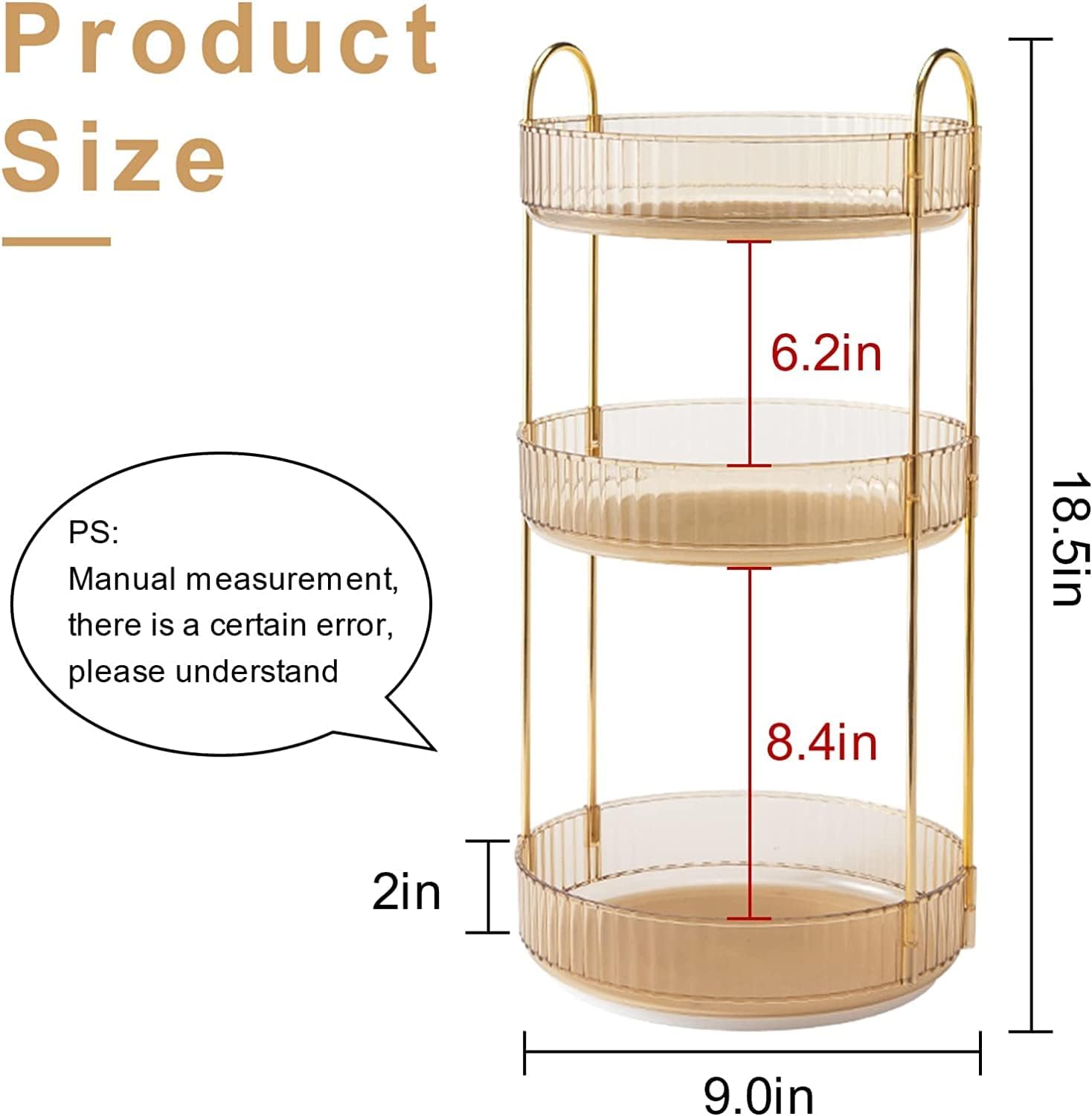 Thumbnail 1 de Bingobang 360 Rotating Makeup & Skincare Organiser (Gold) – 3-Tier Acrylic Storage Shelf