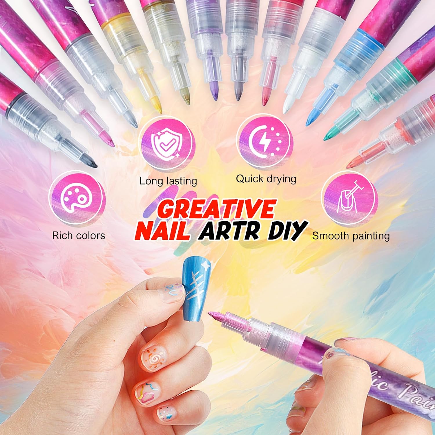Detalle de MAGIC ARMOR 12 Farben 3D Nagellack-Stift-Set – Nail Art Pen für Linien, Punkte & Graffiti-Designs