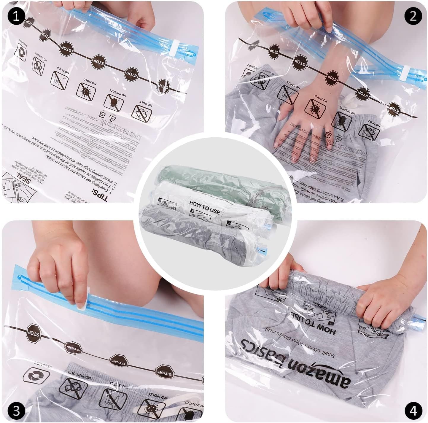Detalle de Amazon Basics: Sac de rangement enroulables pour voyage (12 pièces) – 6 petits et 6 moyens, transparents
