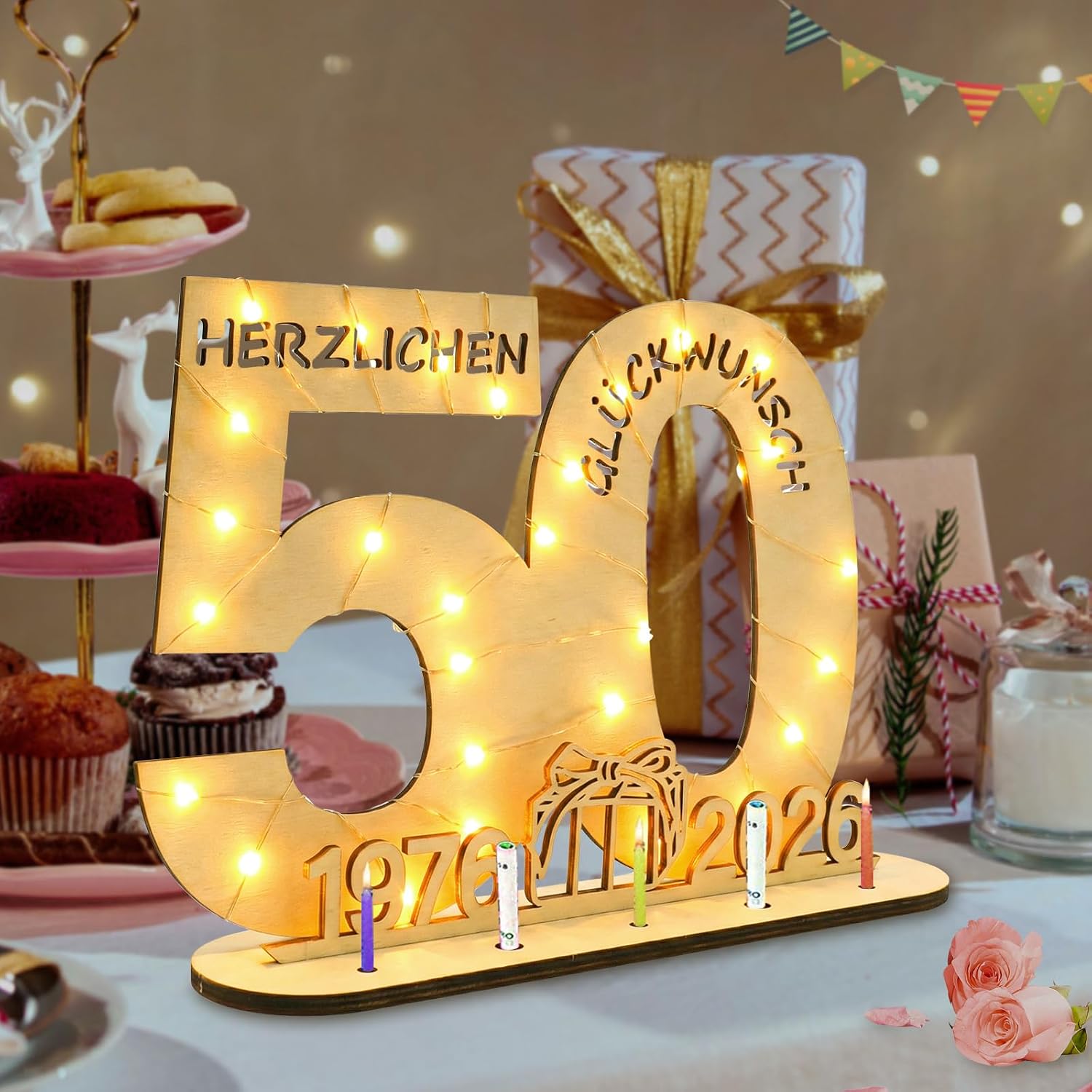 Detalle de Seutgjie originelles Geschenk zum 50. Geburtstag (1976–2026) mit LED-Lichterkette – Holz-Geldgeschenk & Tischdeko