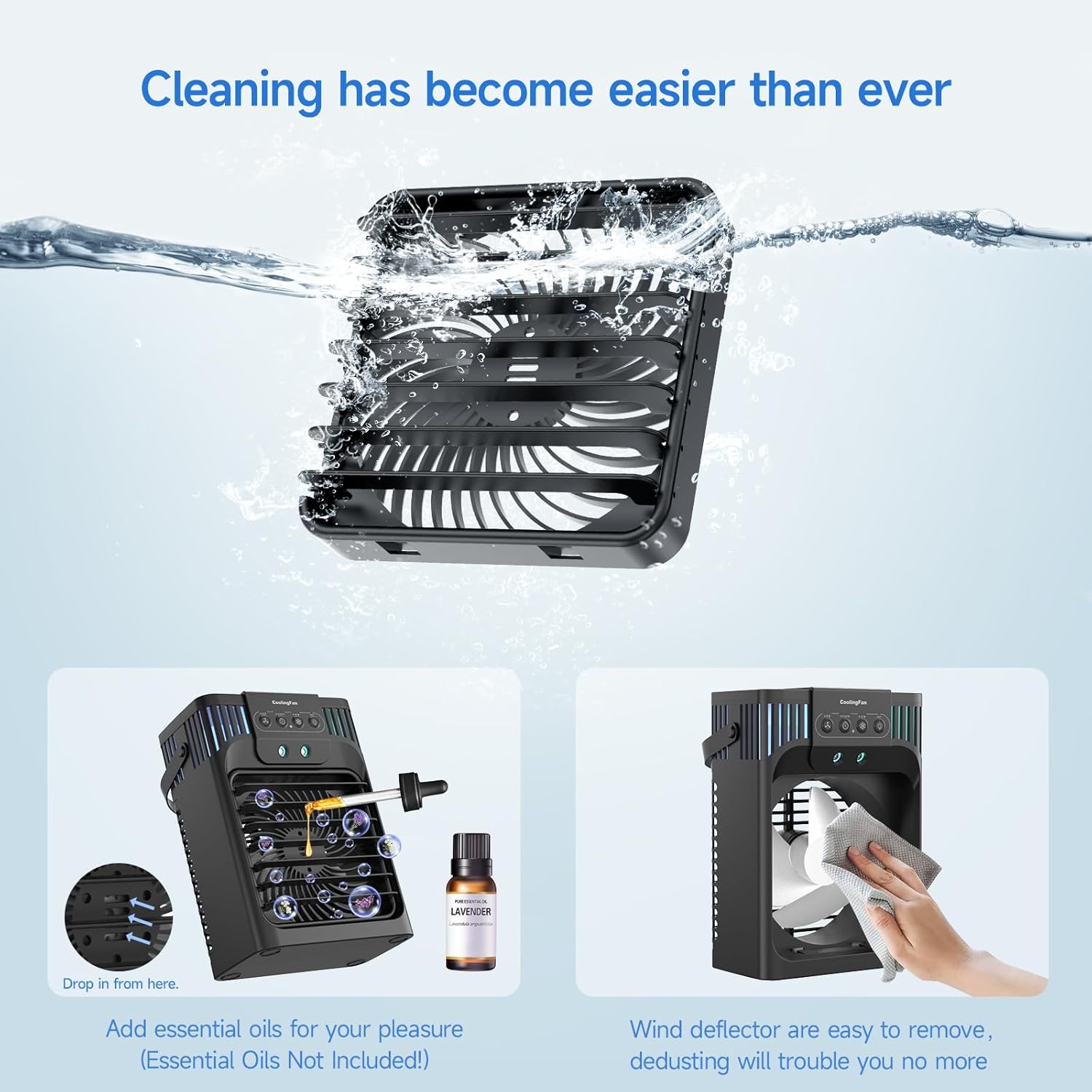 Detalle de Portable Air Conditioner Cooling Fan with Remote – 1200ml Mini Cooler, 3 Speed Settings, Mist Function and LED Night Light