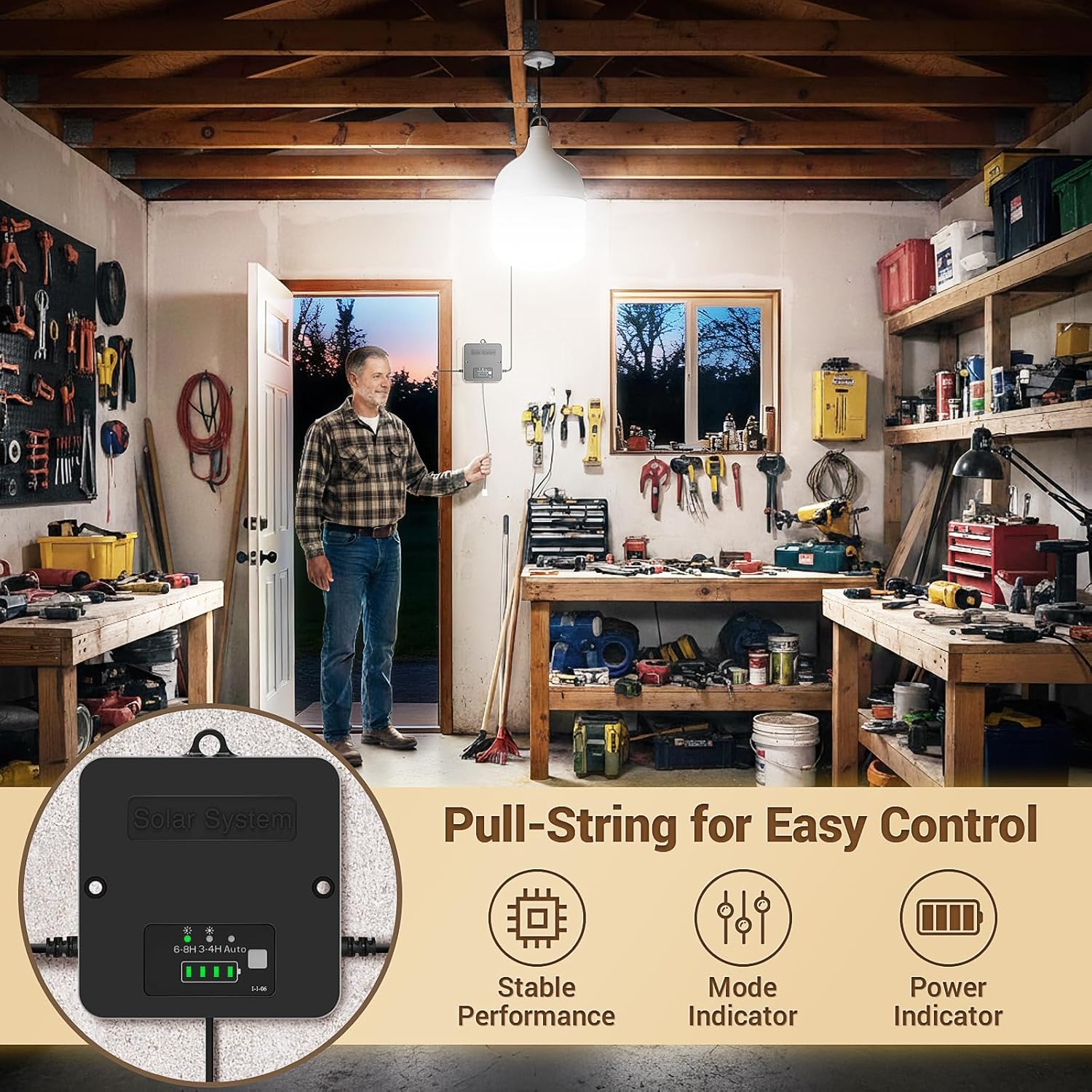 Thumbnail 1 de ZASUN Solar Shed Light Indoor Outdoor with Pull String, 6500K Daylight, IP65 Split Design