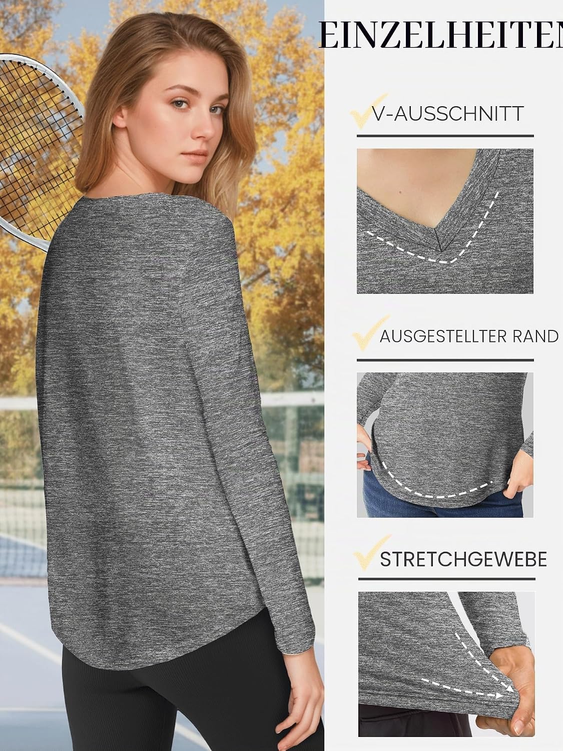 Detalle de Sportshirt Damen Kurzarm V-Ausschnitt UPF 50+ – atmungsaktives Fitness-T-Shirt im 5er-Pack