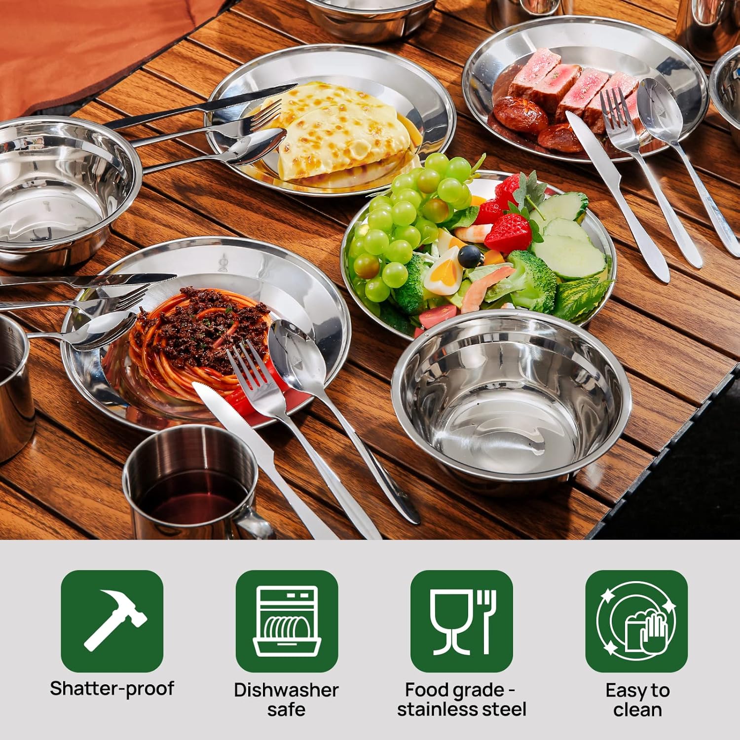 Thumbnail 2 de Odoland 8-teiliges Campingbesteck-Set aus Edelstahl – praktisches Outdoor Reisebesteck inklusive Neoprenhülle