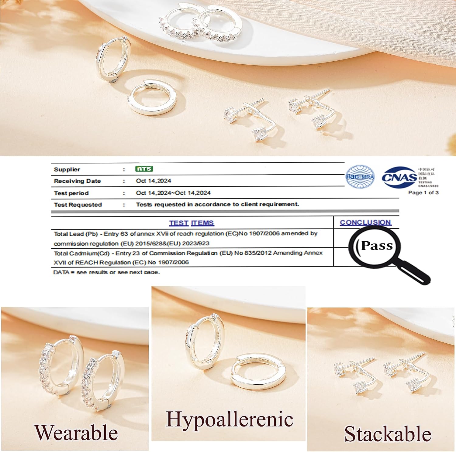 Thumbnail 2 de Smilya 3 Pairs 925 Sterling Silver Stud Hoop Earrings Set for Women