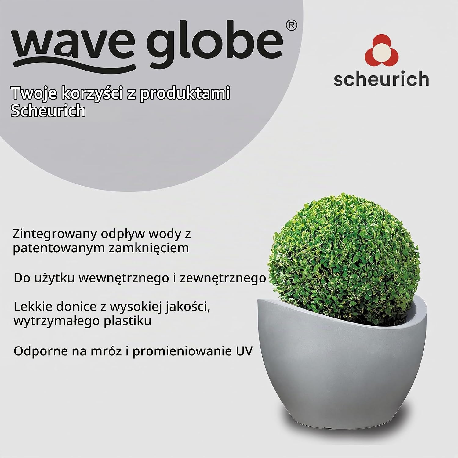 Detalle de Scheurich Wave Globe 40 – okrągła donica z tworzywa z recyklingu, szara