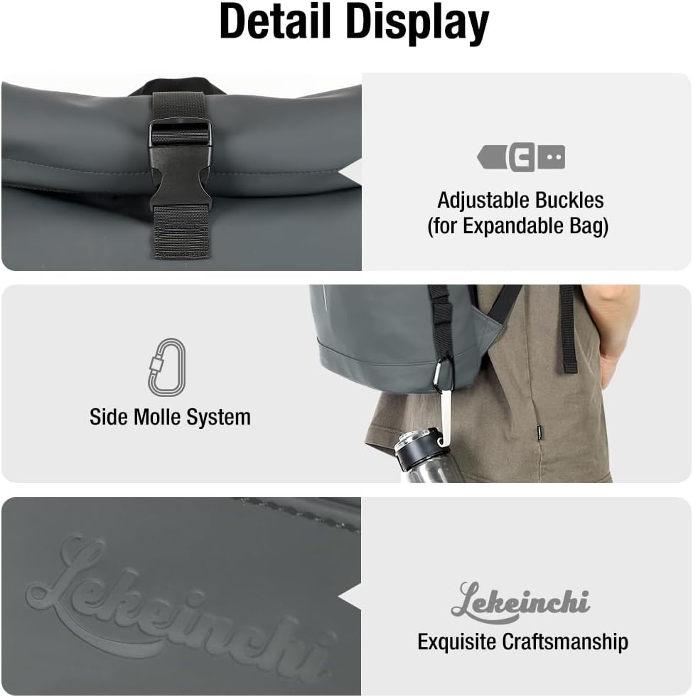 Thumbnail 5 de Lekeinchi 17-Inch Waterproof Roll-Top Laptop Backpack (Grey) – expandable, for school, work and travel