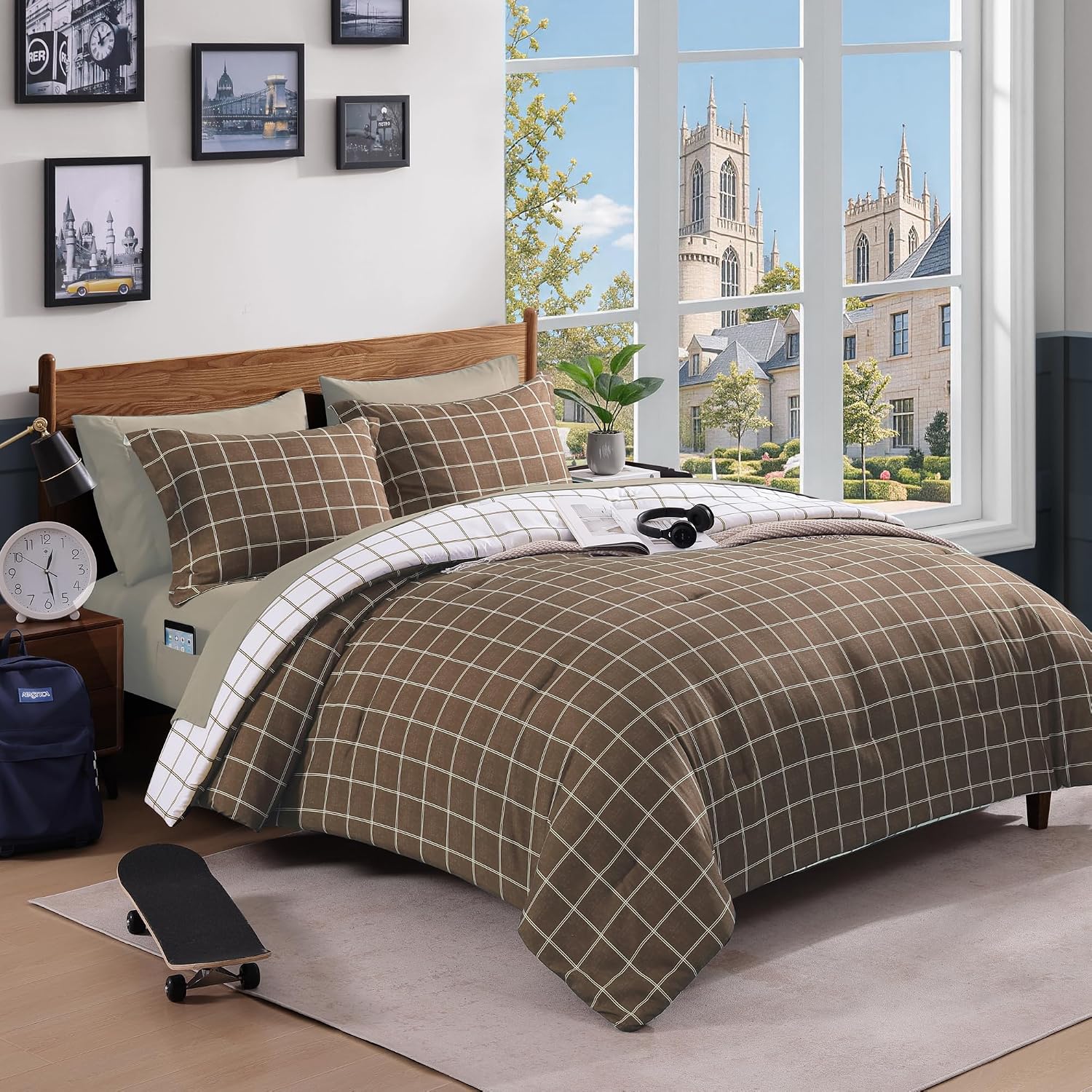 Detalle de AMBERSPACE Plaid Twin XL Comforter Set Brown – Reversible Checkered Bedding, 5-Piece Bed in a Bag