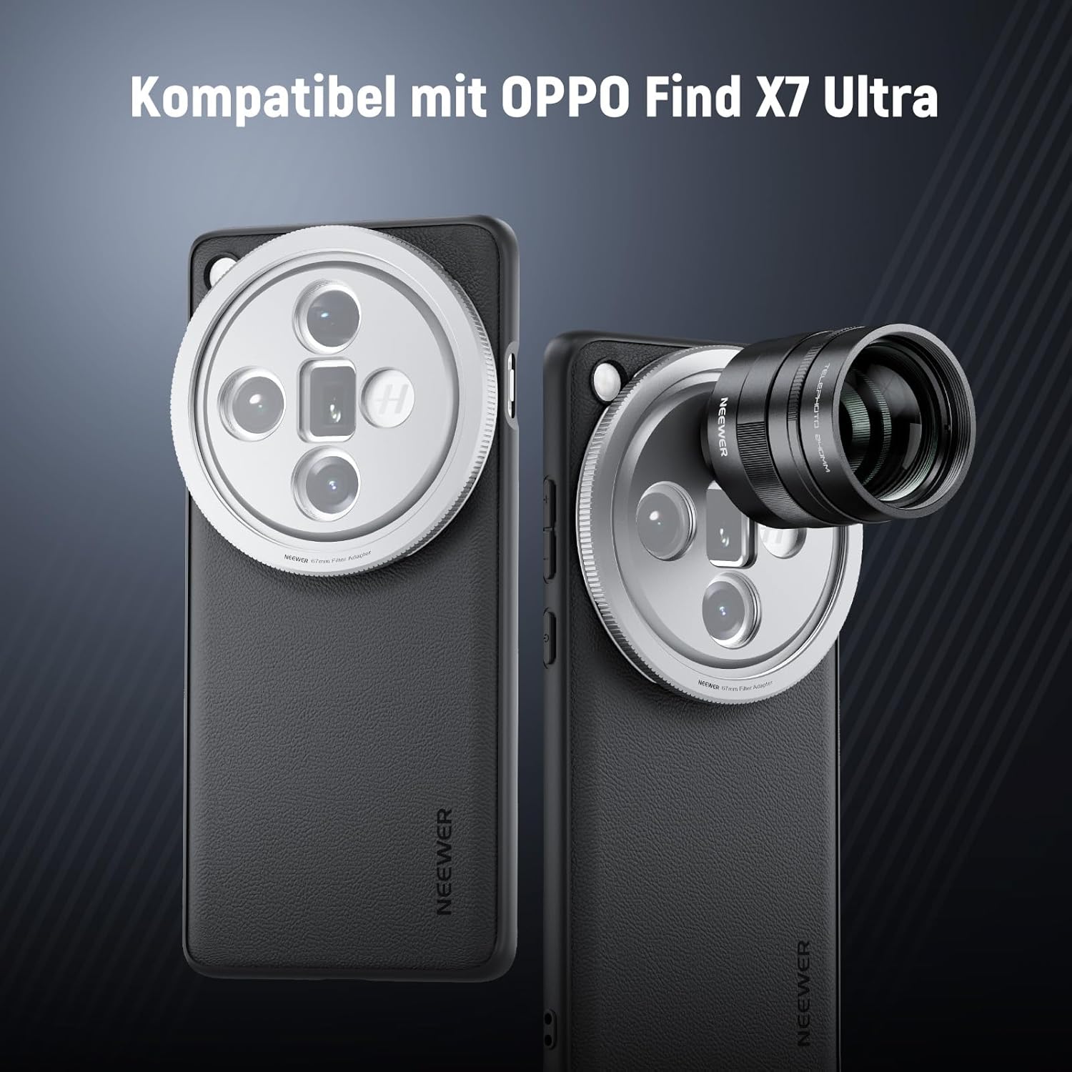 Thumbnail 1 de NEEWER Handy-Schutzhülle für Oppo Find X8 Ultra (TPU/PC Kunstleder), inkl. 17-mm Objektivhalterungen & 67-mm Filteradapter – Schwarz/Silber