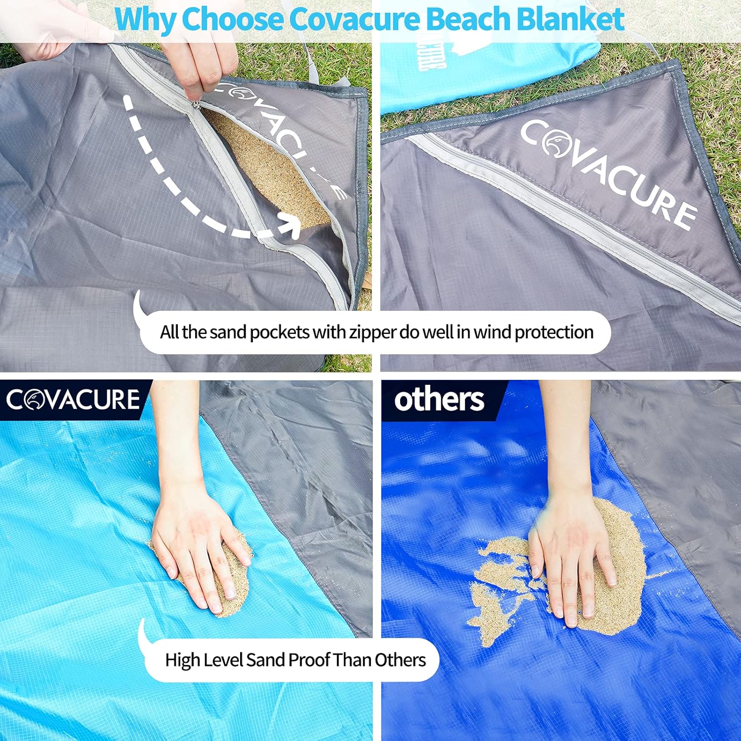 Thumbnail 3 de COVACURE Beach Blanket Mat with 3 Zipper Pockets — Extra Large 210 x 200cm (Blue)