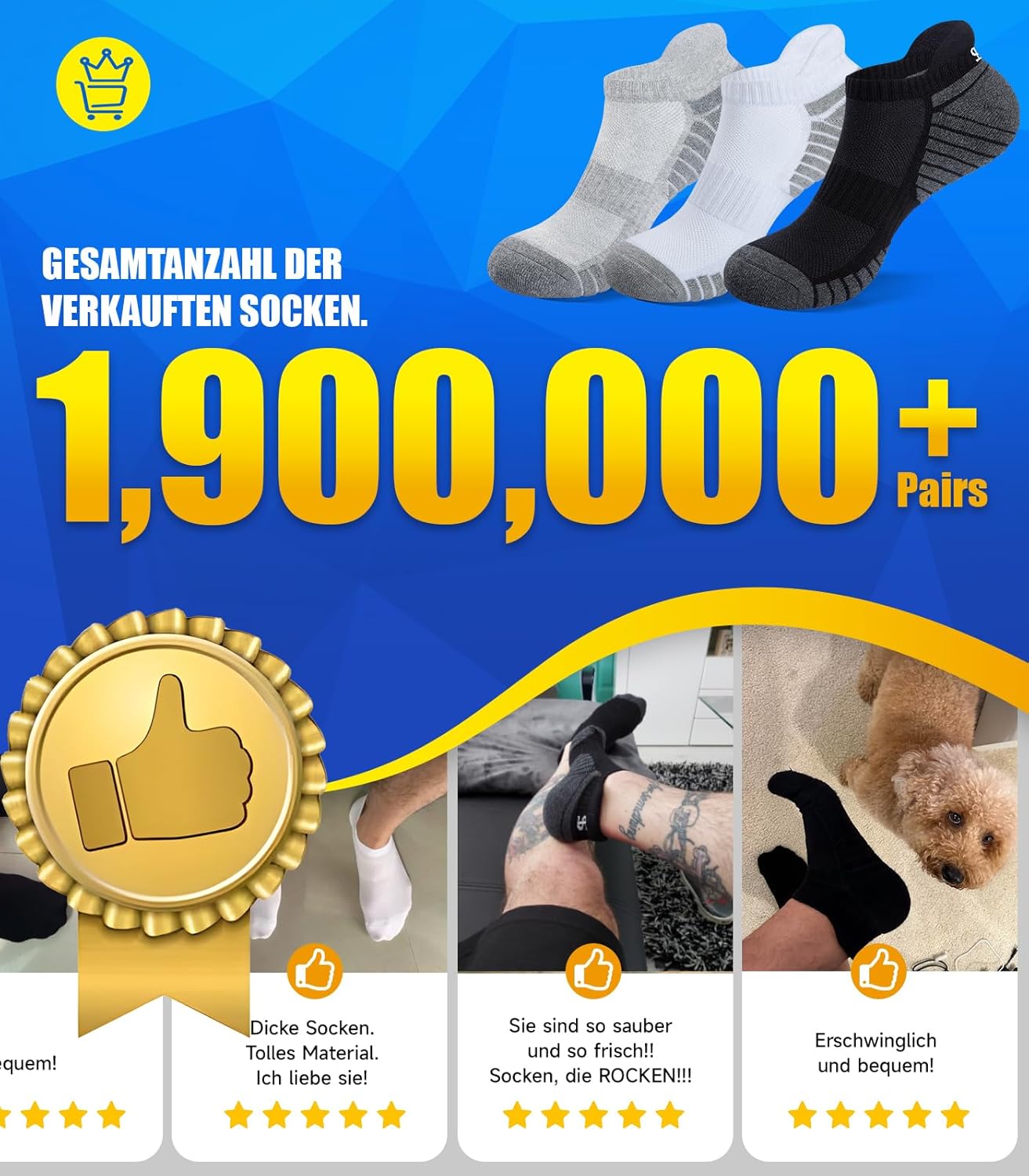 Thumbnail 5 de PULIOU Sneaker Socken Herren/Damen – Gepolsterte Laufsocken aus Baumwolle, atmungsaktiv, 6 Paar