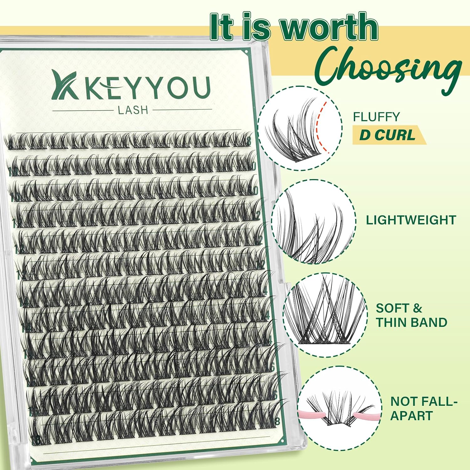 Detalle 2 de KEYYOU KY03 Lash Clusters, D Curl 0.07D Wispy Mixed Lengths 8–18mm
