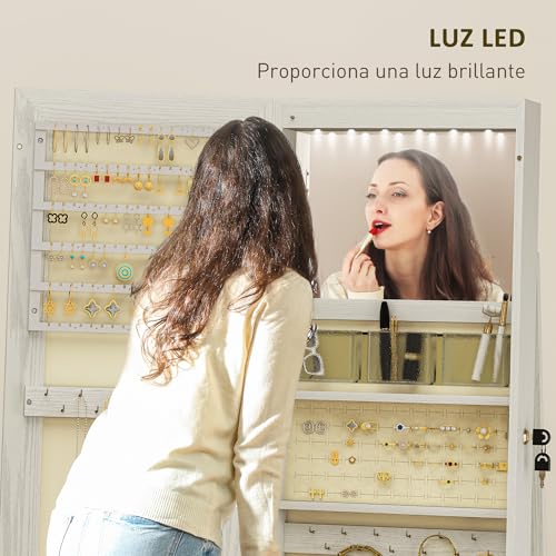Detalle de HOMCOM Espejo Joyero de Pie con Luz LED y Cerradura – Armario de Joyas Blanco