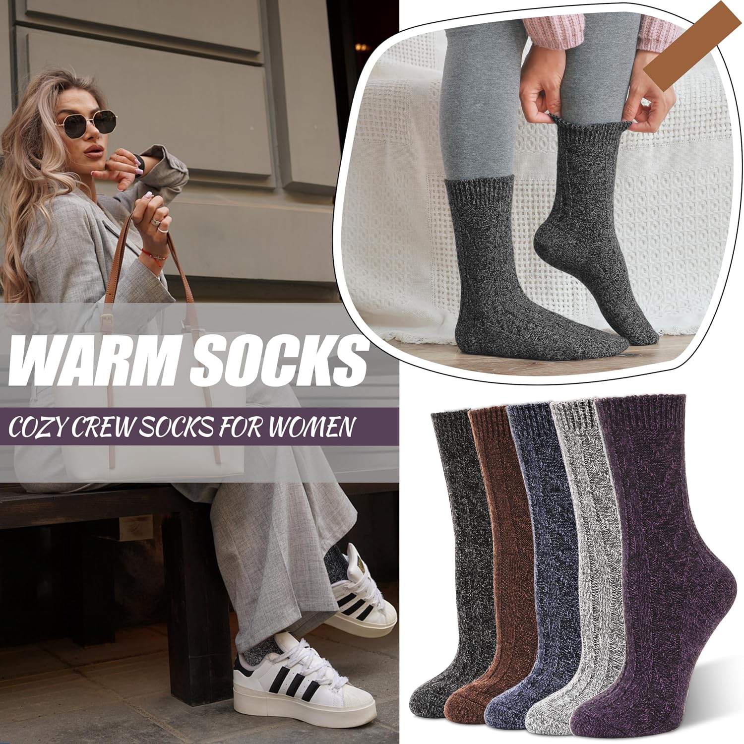 Detalle 2 de EBMORE Womens Merino Wool Socks 5 pairs