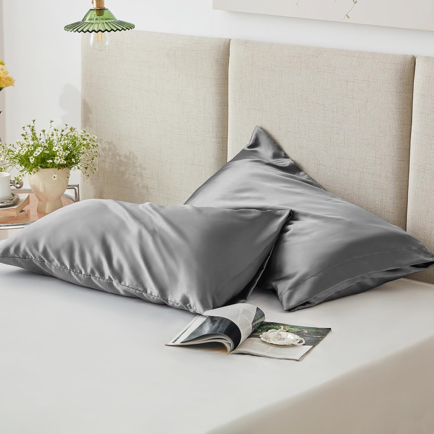 Detalle 1 de Love's cabin LCUSA8AA4AG2QU Cooling Satin Pillowcases, Queen, Dark Grey, 2-Pack