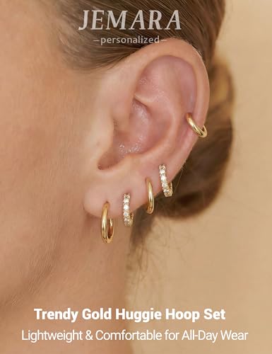 Detalle de JEMARA Gold Hoops Earrings – 5 Pairs of 14K Gold Plated Hypoallergenic Small Hoops