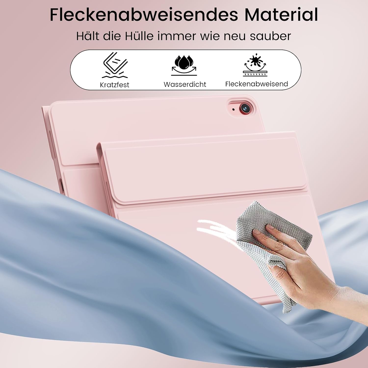 Detalle de GKABXY Hülle mit Tastatur für iPad (A16) 10./11. Generation – magnetische Bluetooth-Tastatur, Soft-TPU, QWERTZ, Rosa