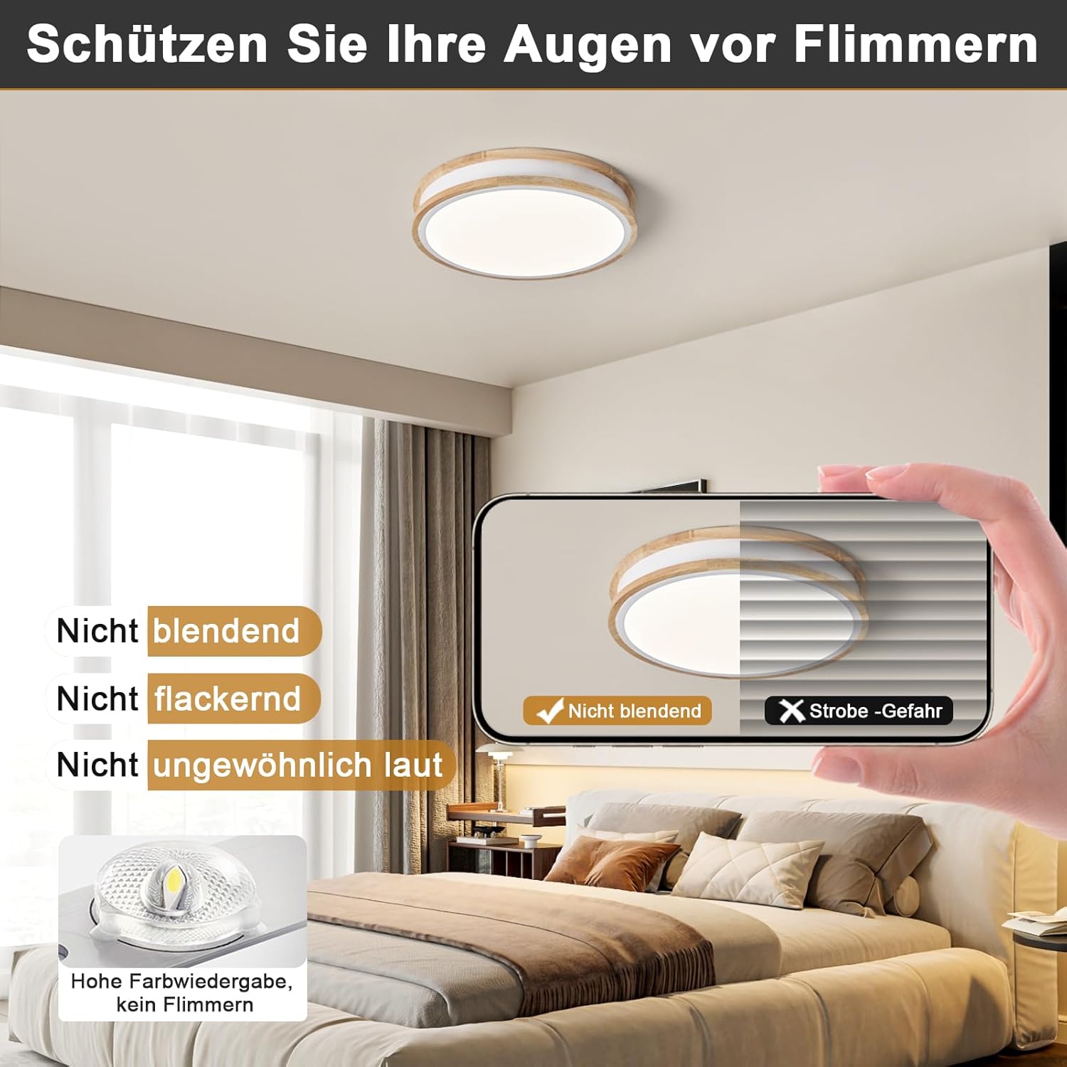Thumbnail 6 de Vikaey LED-Deckenleuchte 30 cm rund aus Holz und Metall – 24 W, 4000 K neutralweiß