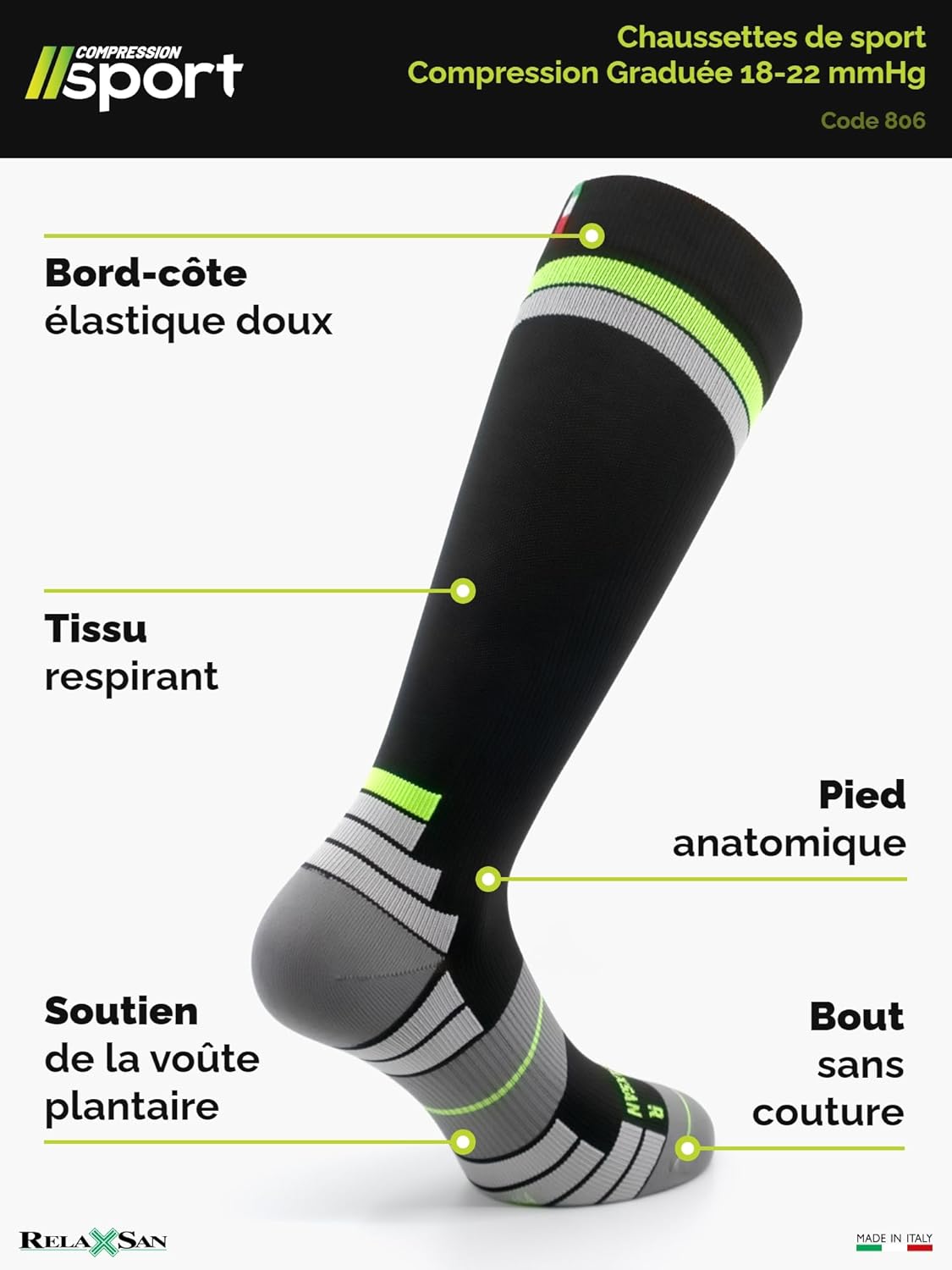 Thumbnail 3 de Relaxsan 806 – Chaussettes de contention sport 18–22 mmHg (femme et homme), Made in Italy