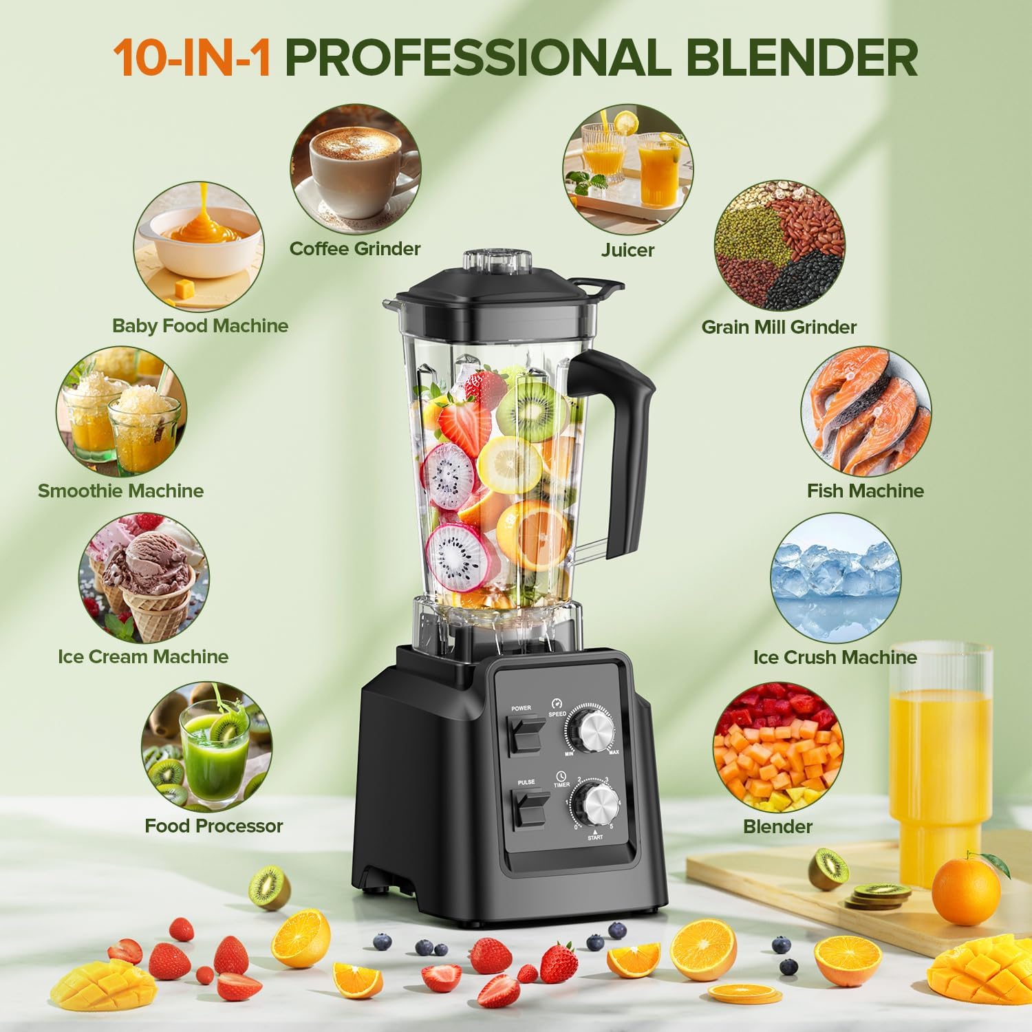 Detalle 2 de 1800W blender with 6-blade ice crushing system, grinder jar, and self-cleaning (68 oz + 20 oz)