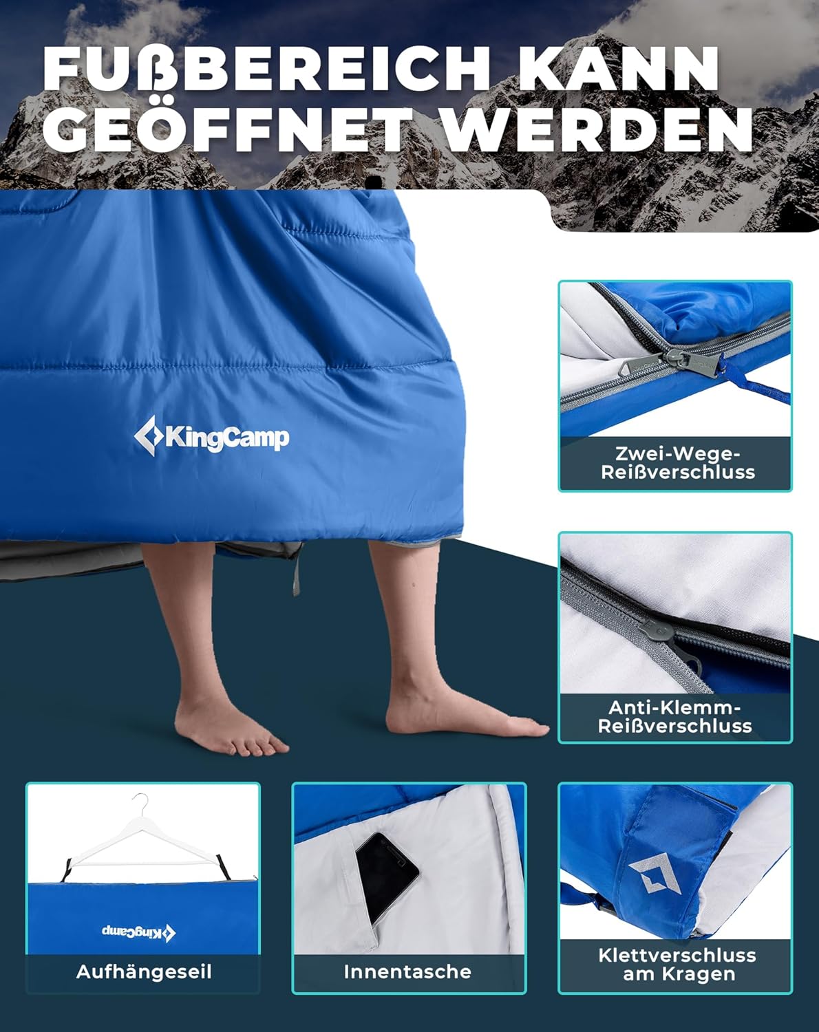 Thumbnail 6 de KingCamp Deckenschlafsack Doppelschlafsack (220x150 cm) mit 2 Kissen – ideal für Familien & Camping