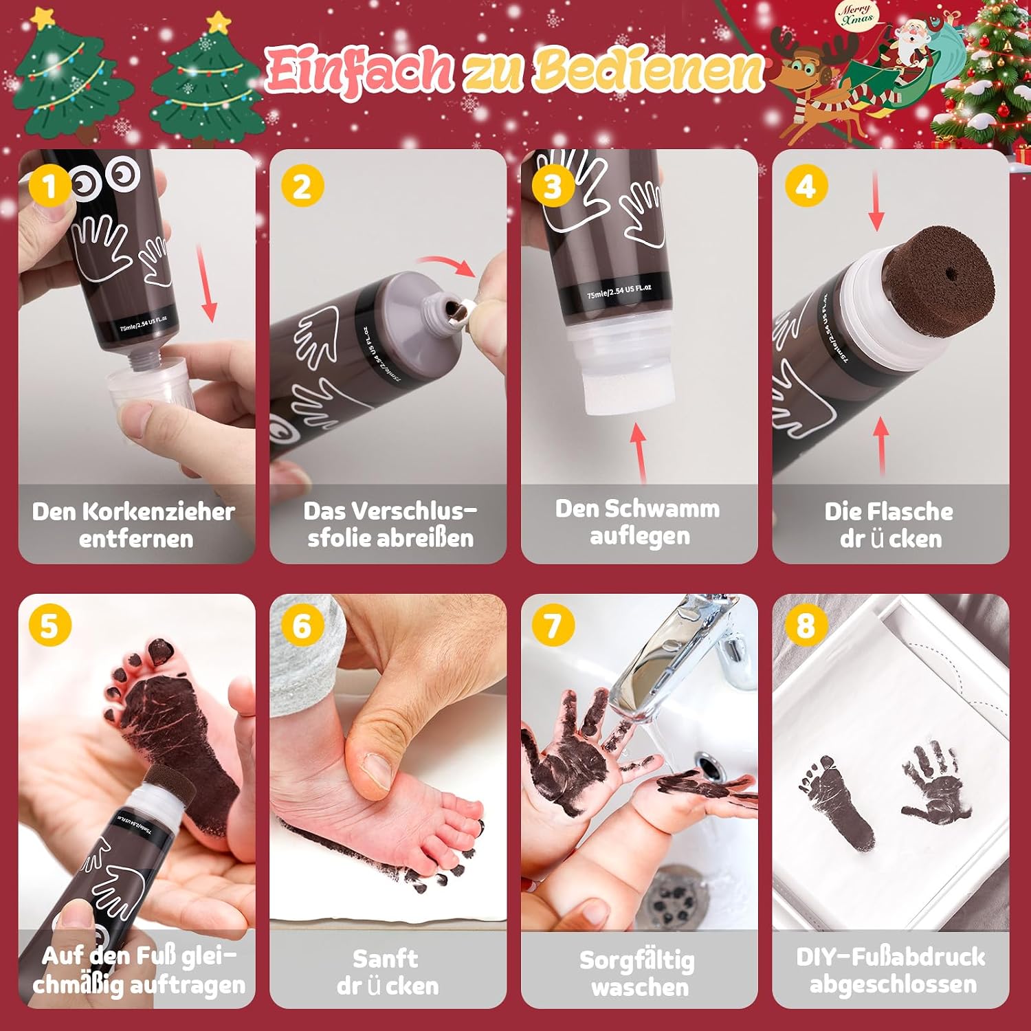 Detalle 2 de DIY Baby-Hand- und Fußabdruck Farben (75 ml) – ungiftig, zum Stempeln für Neugeborene, Braun