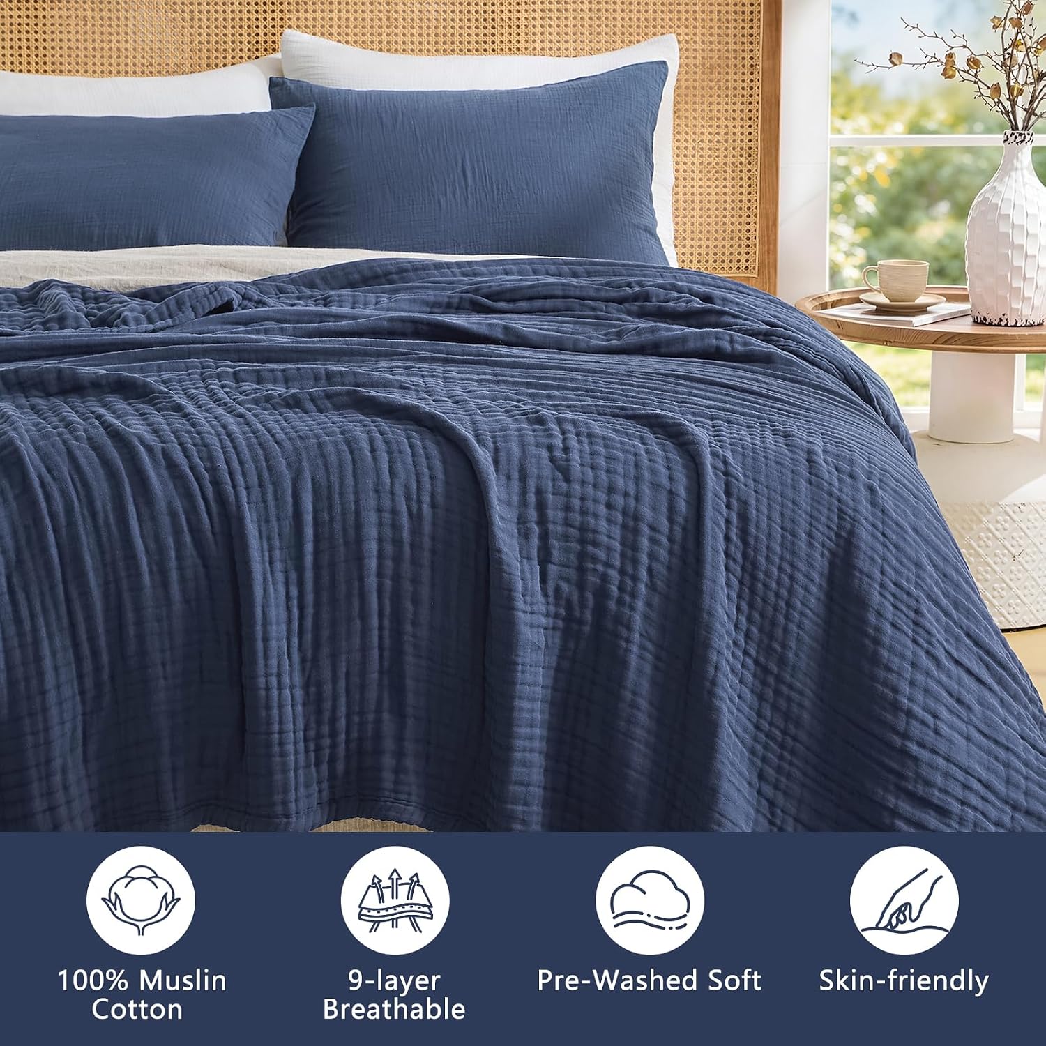 Thumbnail 6 de EMME Brezpure EMCAC-9-Muslin Blanket, Queen 9-Layer Cotton Muslin, Navy