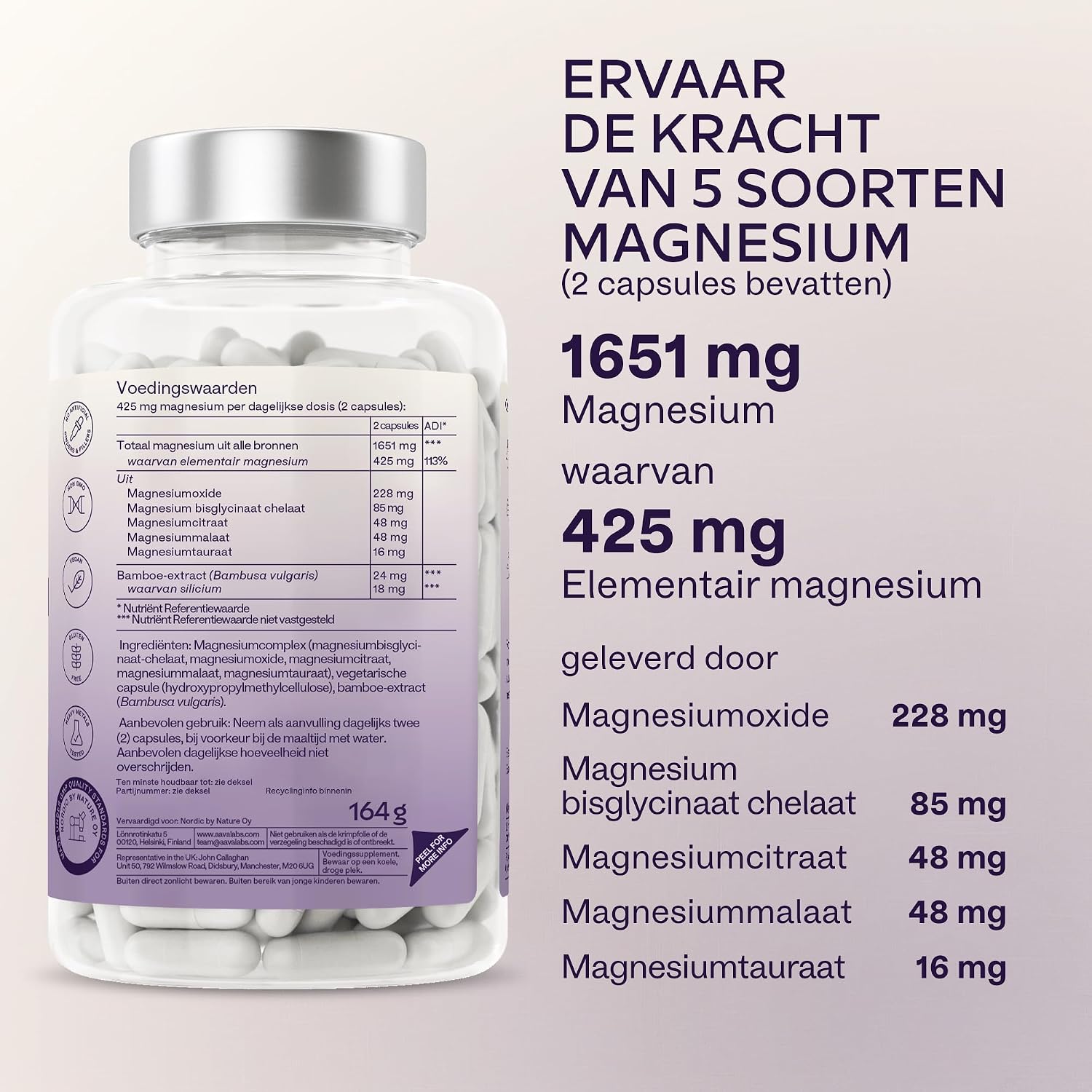 Detalle 1 de AAVALABS Fullnesium Complex magnesiumsupplement, 180 veganistische capsules met vijf magnesiumvormen