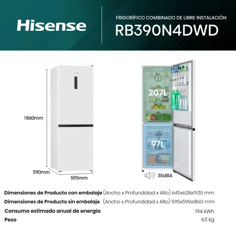 Detalle de Hisense RB390N4DWD Frigorífico Combi No Frost