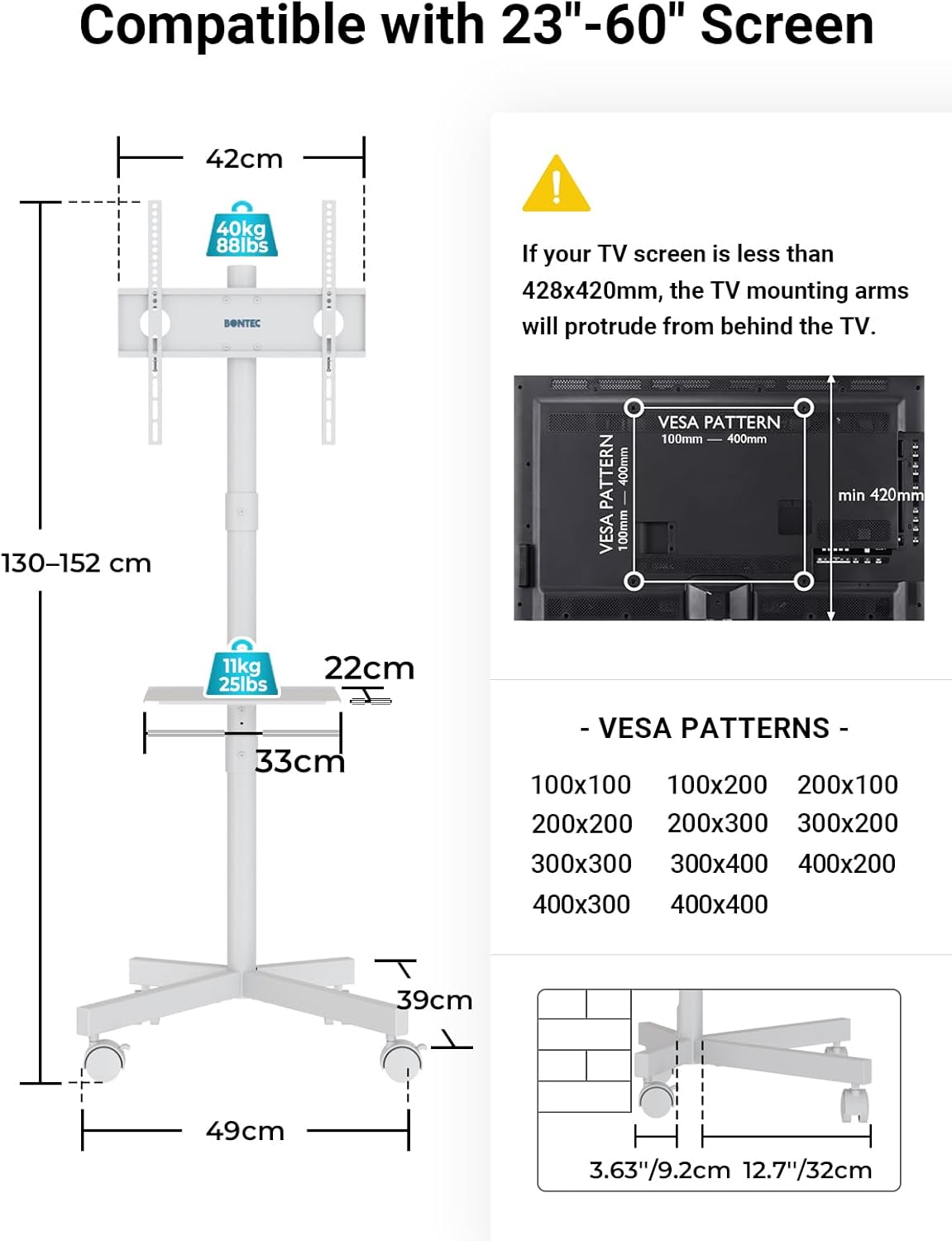 Thumbnail 6 de BONTEC Mobile TV Stand on Wheels: 23–60 Inch, Free Standing, White